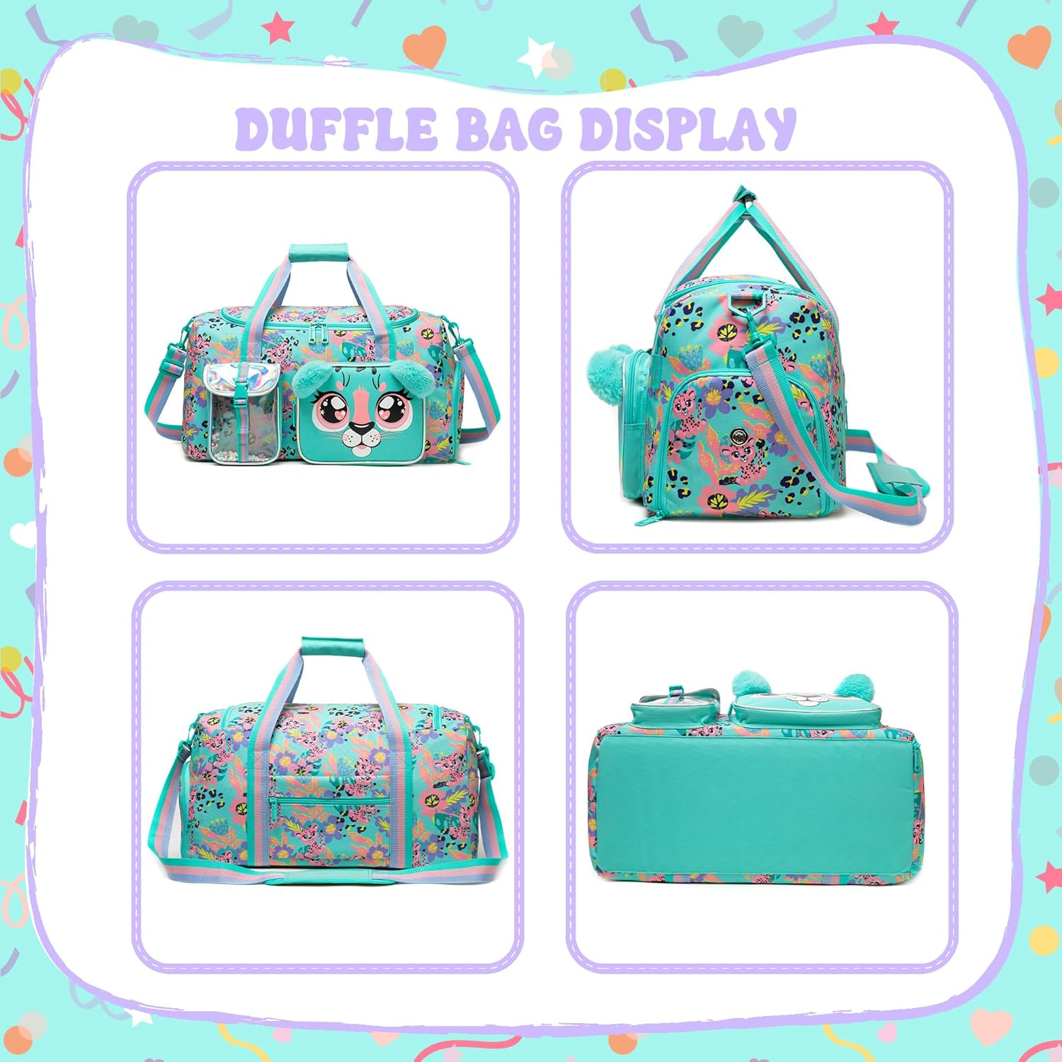 Duffle Bag for Kids Girls Travel Bag Dance Bag for Girls Boys Overnight Bag Kids Gym Bag, Green Leopard - Green Leopard image number 3