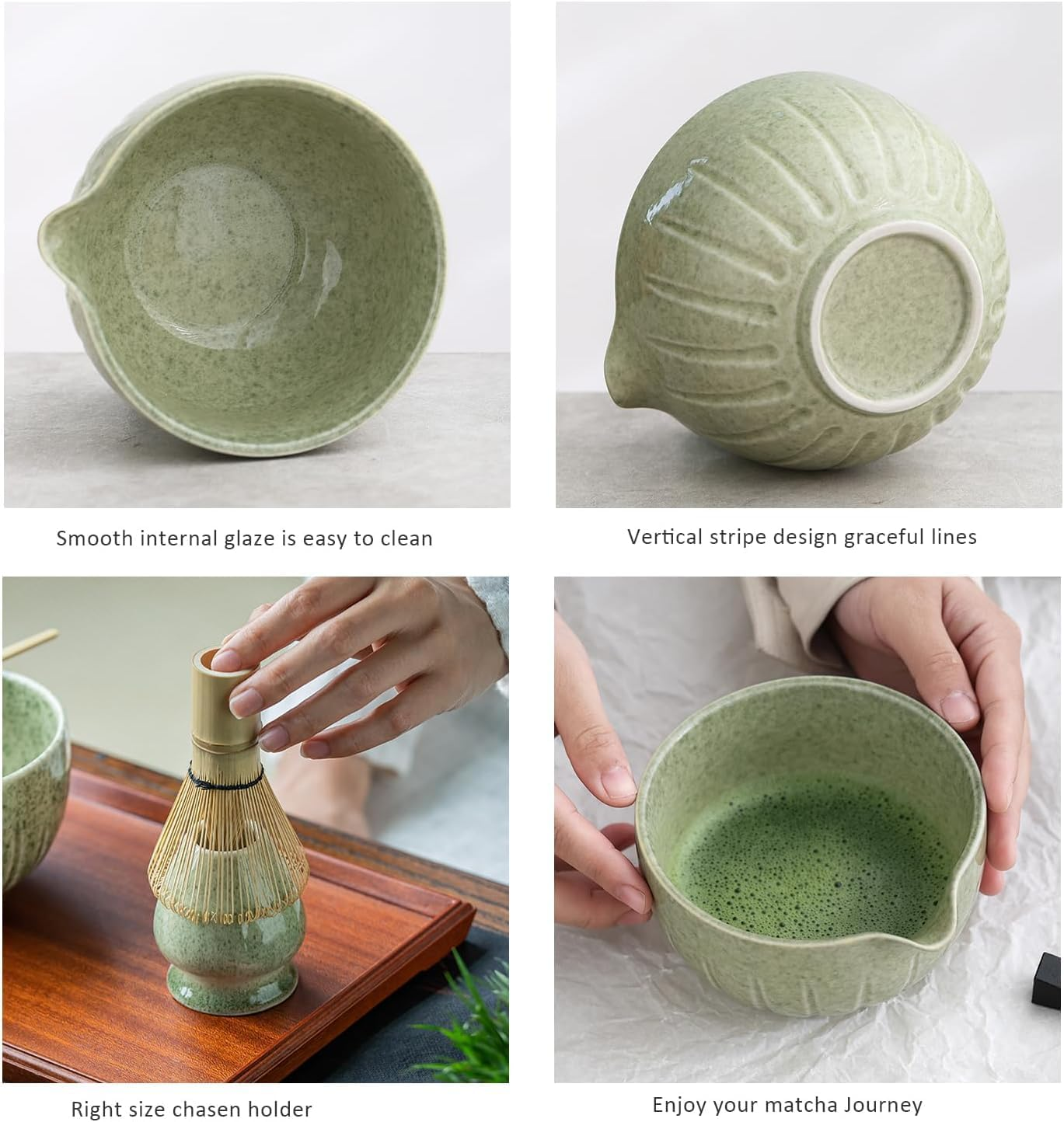 CIVPOWER Matcha Set - Bowl with Spout and Whisk, 15 OZ, Scoop | Whisk Stand (Chasen Holder) - 4Pc Perfect Matcha Kit Mottled Green image number 1