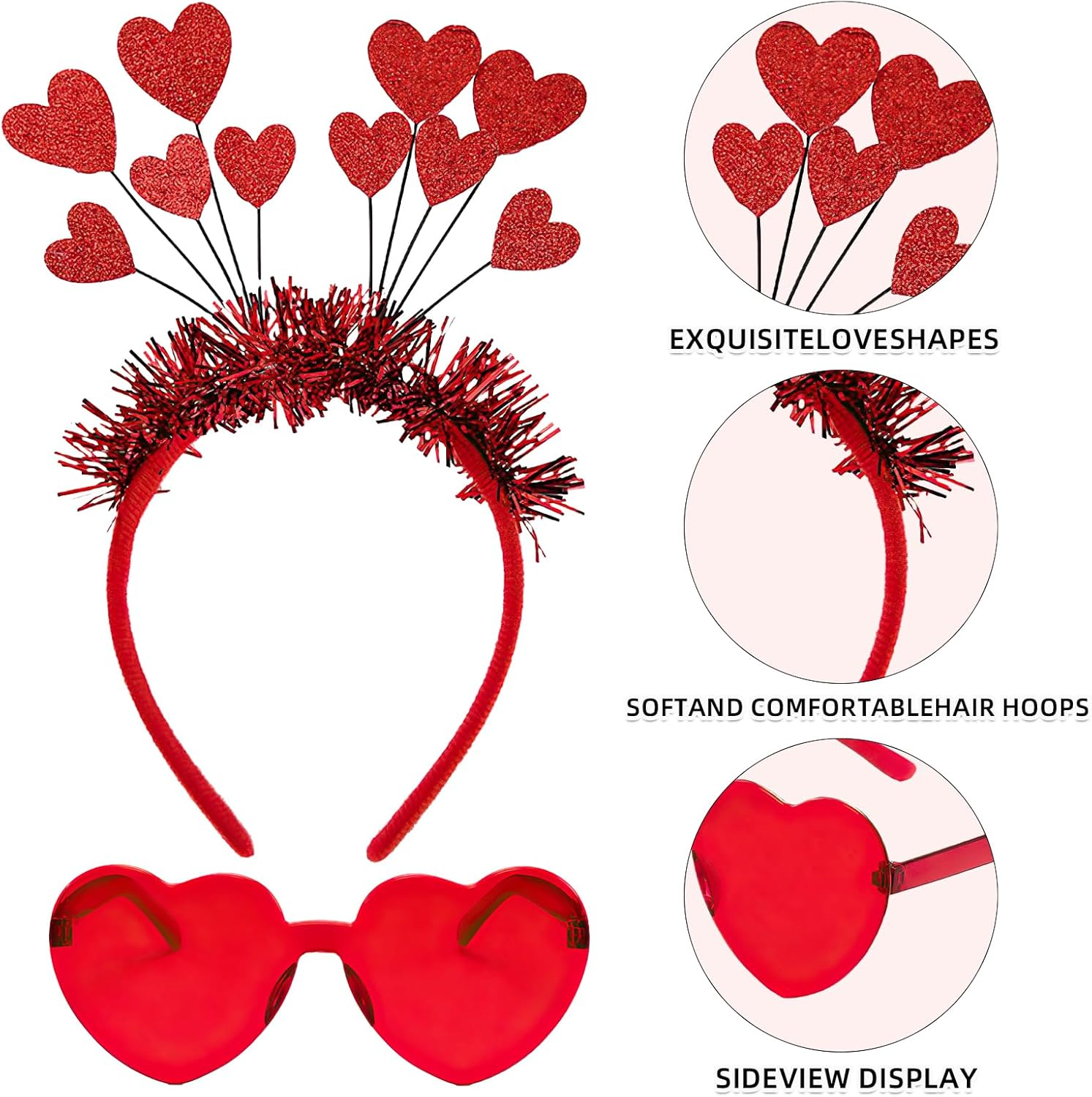 1 X Valentine'S Day Heart Headband, 1 X Rimless Heart Glasses, Red Hearts Headband Headband, Cupid Costume Women, Cupid Headband Headpiece with Glasses, for Valentine'S Party, Fancy Dress Party image number 6