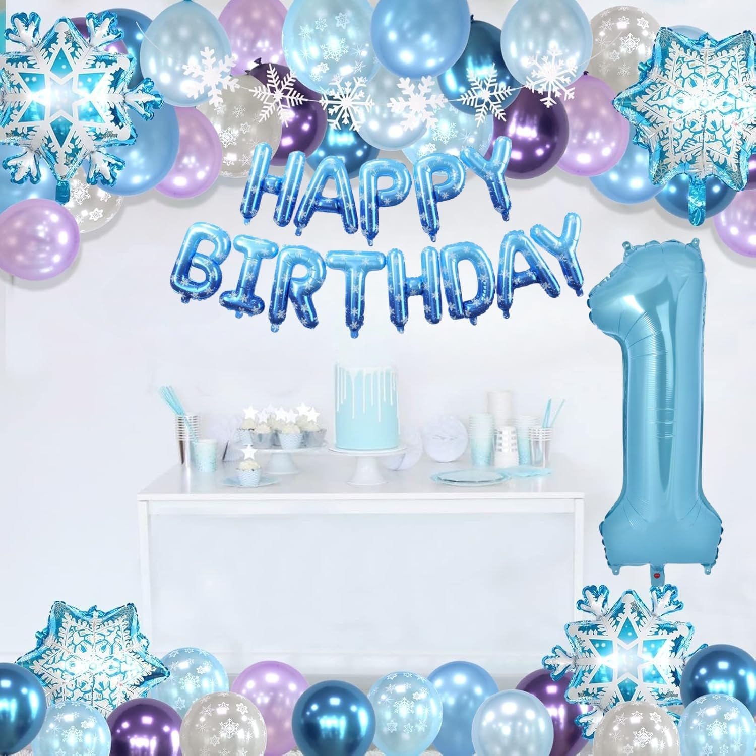 Huge Snow Birthday Decor Kit, Winter Wonderland Party Decorations with Snowflake Balloon Garland Arch HBD Banner, Number 40" Foil Balloon for Baby Girls Decorations (1) - 1 image number 5