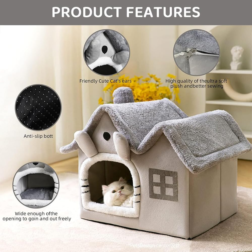 Indoor Cat Bed Cave with Removable Washable Cushion, Cozy Calming Soft Cat House, Durable No-Deformation Pet Bed for Cats (Grey, Medium) image number 3