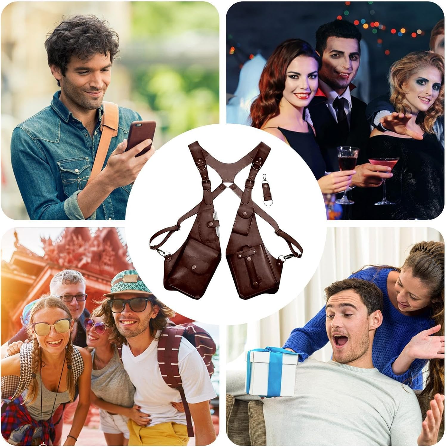 Leather Safety Belt with Adjustable Security Pocket Theft Protection Safety Belt for Men | Medieval Vintage Design with Double Straps, Handy Pocket for Cell Phones, Dark Brown, Consulte La Descripci&oacute;n - Dark Brown image number 6