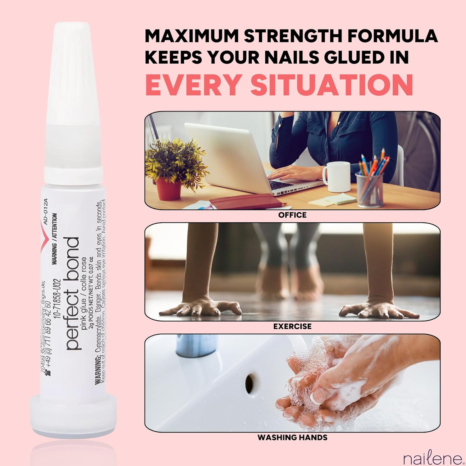 Nailene Perfect Bond Nail Glue, Super Strong, Durable, Easy to Apply Acrylic Nails, Press on Nails, Repairs Natural Nails, Quick Drying Nail Adhesive, Lasts 7 Days, Pink Tint, 2 G/0.07 Oz, 2 Pack image number 5