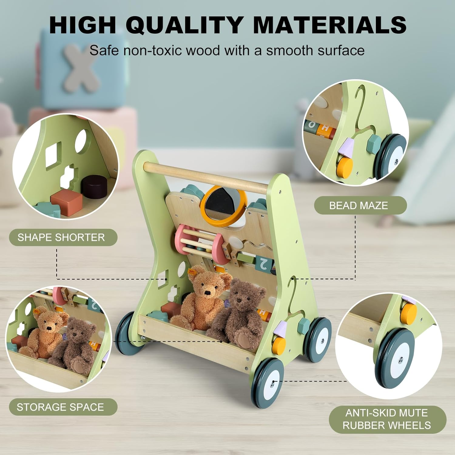 Wooden Baby Walker Wheels,Baby Push Walker for Babies 6-12 Months Montessori,Toddler Push Toy Wooden Activity Walker for Baby Boy,Walking Toys for 1 Year Old Learning to Walk Girl Christmas image number 2