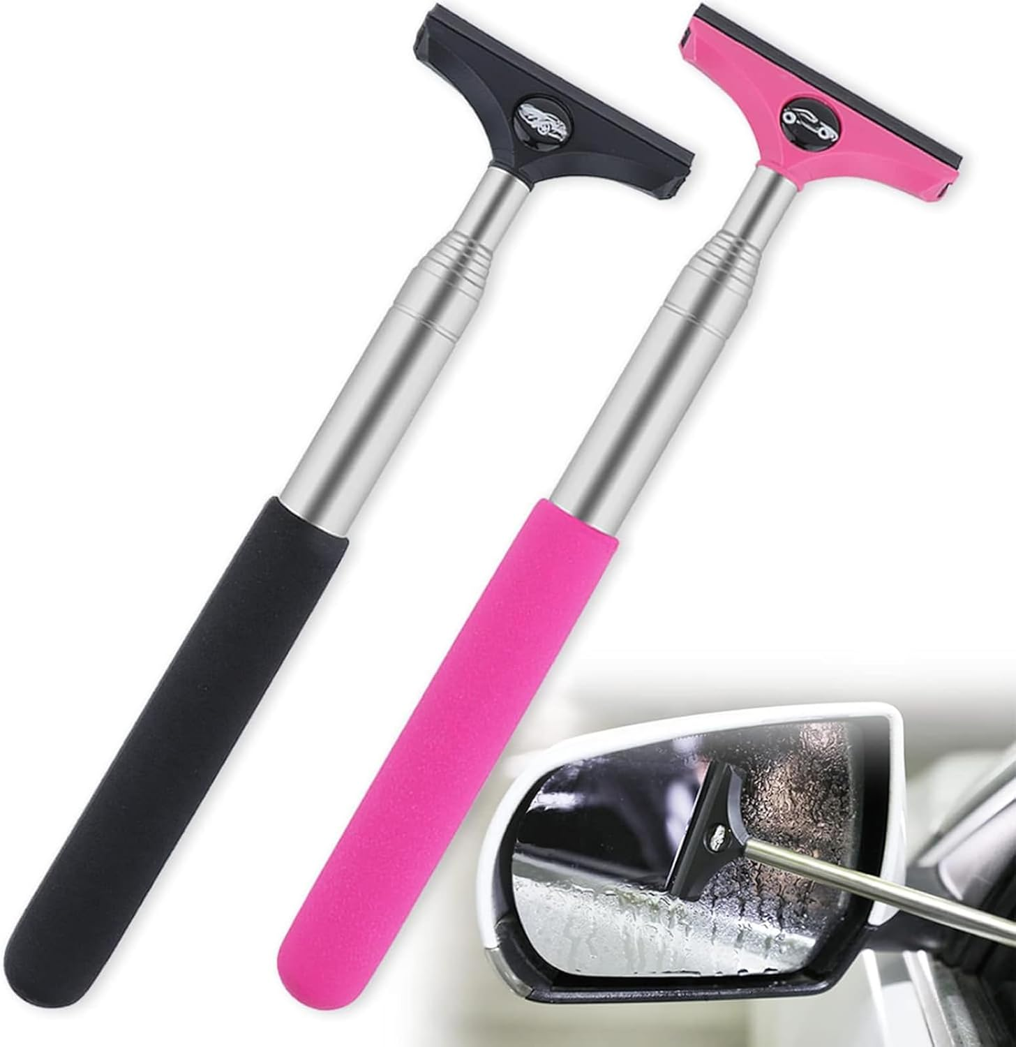 Side Mirror Squeegee, 2 Pcs Car Mirror Squeegee,Retractable Car Rearview Wiper for All Vehicles(Black/Pink) image number 4