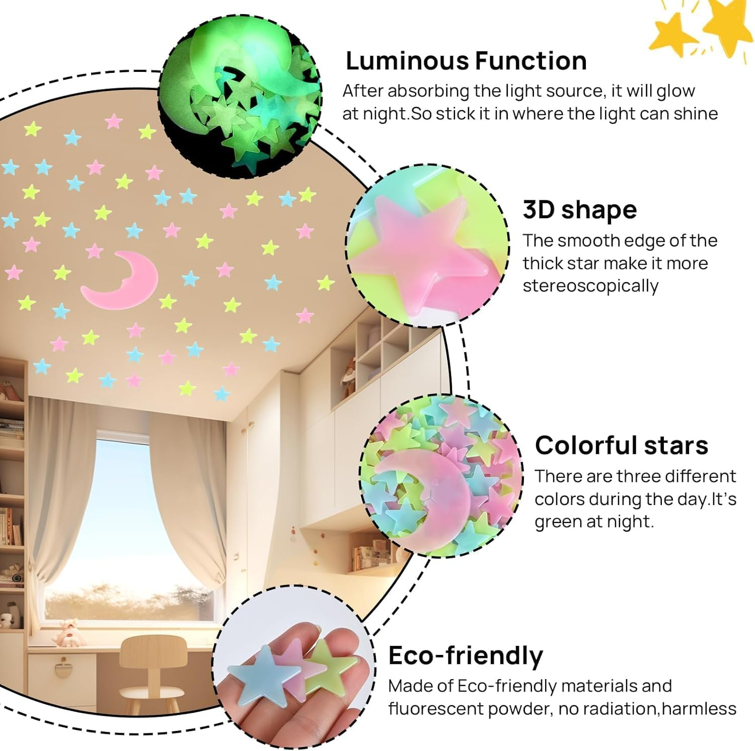 Glow in the Dark Stars and Moons for Kids Bedroom &ndash; 200 Glow Stars Ceiling Stickers & 6 3D Moons &ndash; Wall & Ceiling Room Decor for Boys and Girls image number 6