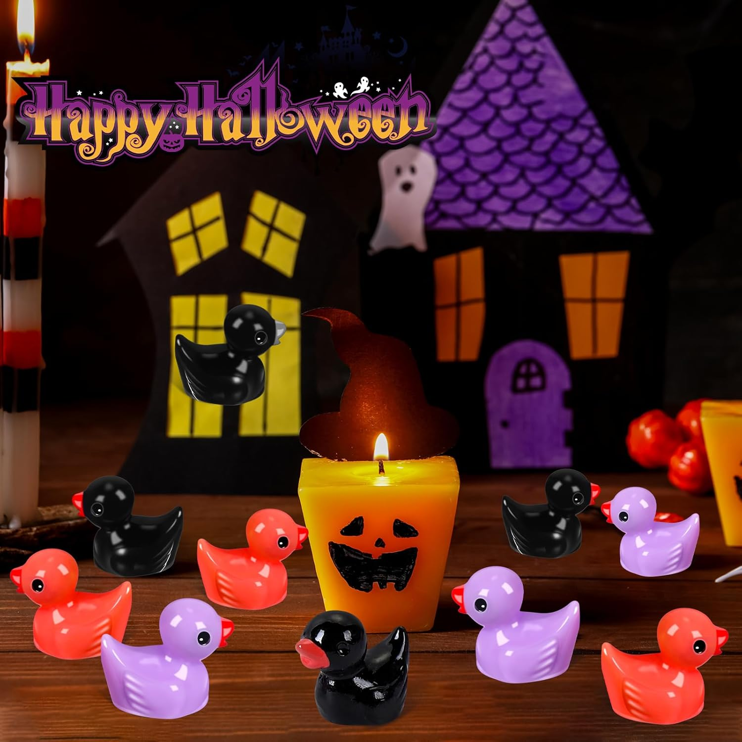 Rotatingpals 150 Pcs Halloween Mini Ducks Tiny Duck Orange Purple and Black Mini Resin Ducks for Halloween Party Toys Aquarium Potted Ornament Charms DIY Craft Accessories (Halloween Color) image number 4