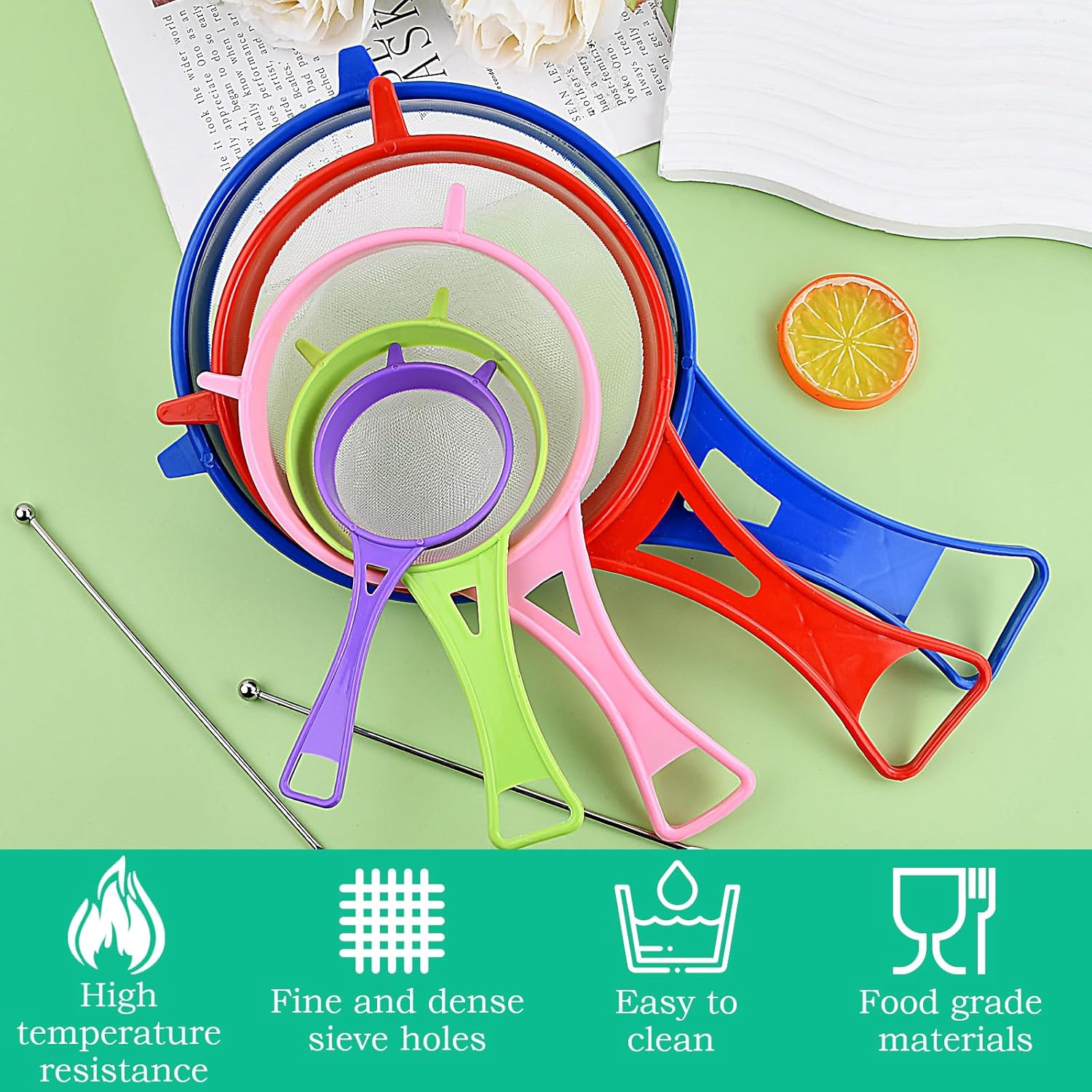 Pack of 5 Kitchen Strainers, Fine Mesh Plastic Strainer, Nylon Sieve with Stirrer, Flour Sieve for Tea, Rice, Fruit, Vegetables, Juice, Milk, Coffee, 6/8/12/15/17 Cm image number 2
