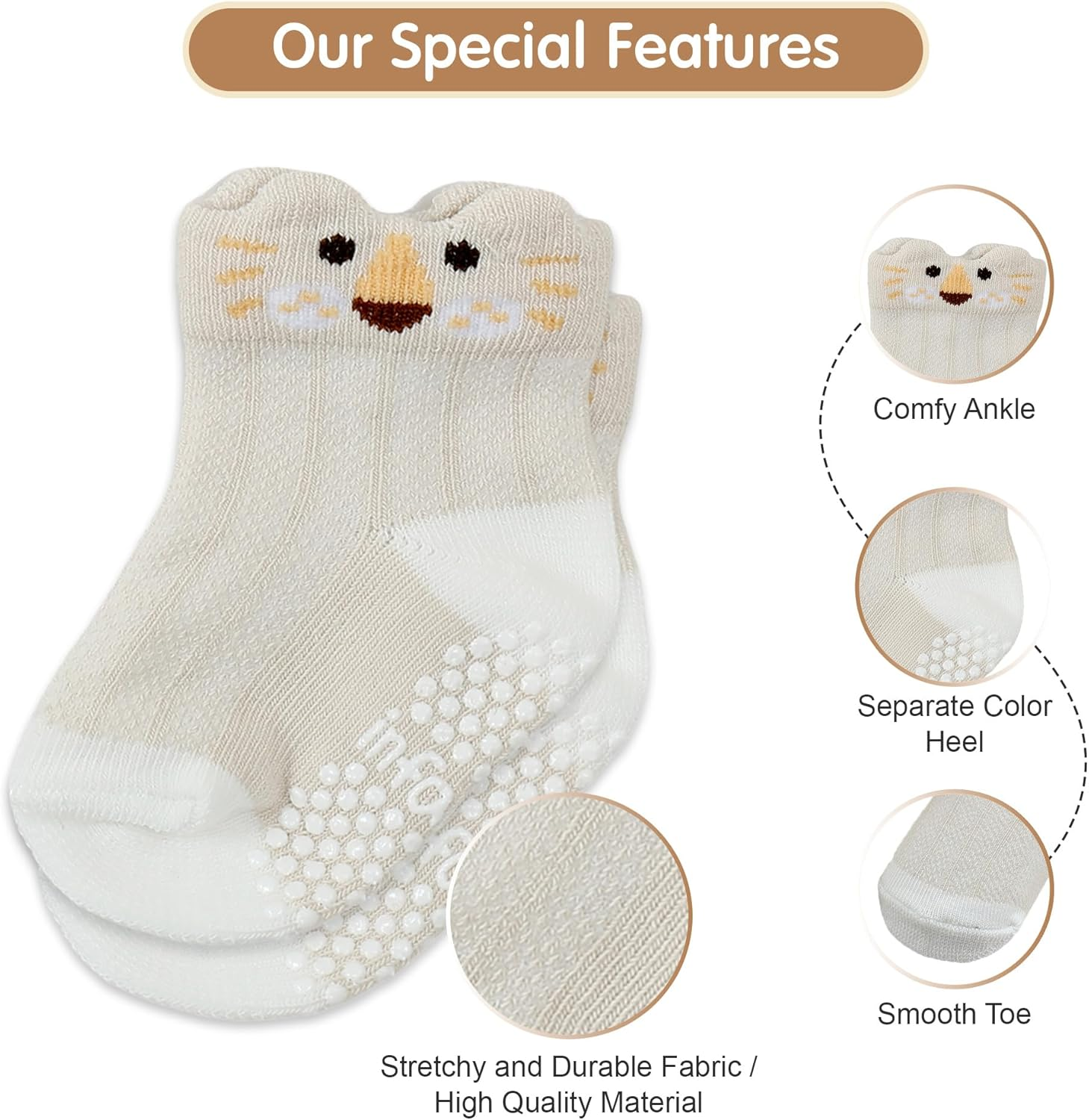 Organic Baby Grip Socks 7-Pack &ndash; Non-Slip Cotton Ankle Socks with Cute Animal Prints for Boys & Girls, Warm Slipper Socks image number 1