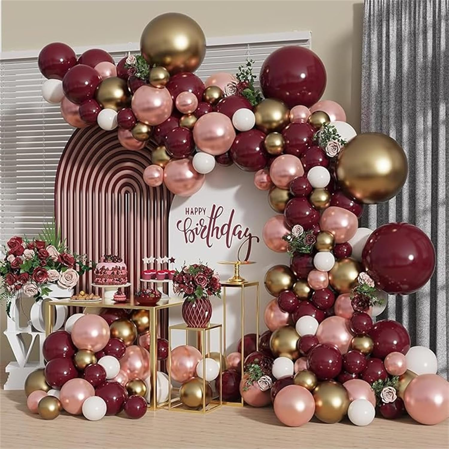 PEKGLOW 135 Pcs Burgundy Balloon Garland Wine Red White Gold Balloons Valentines Day Balloon Garland Burgundy White Rose Gold Balloons for Wedding Anniversary Valentines Day Party Decorations image number 1