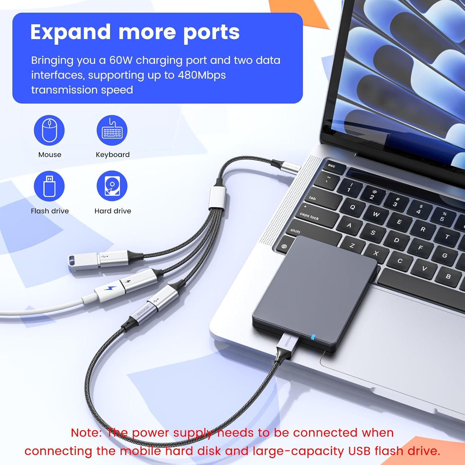 MOGOOD USB C Splitter, USB C to USB C Female Adapter, 3-In-1 Type C Data Transfer and 60W Fast Charging, USB C Male to 3 USB C Female Cord Converter for Iphone 15 Series Mac,Xbox One Series,Ps5,Laptop