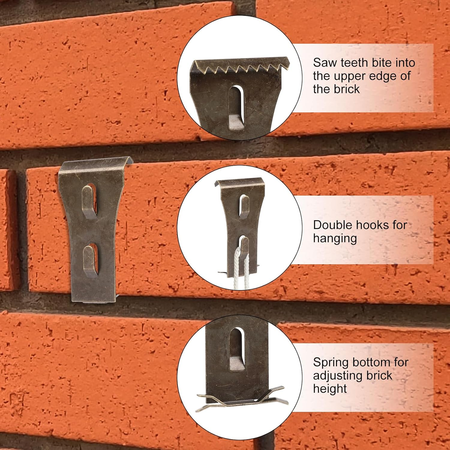 10Pcs Bronze Steel Brick Hook Clips, Heavy Duty Wall Hooks, No Drill, Fits 2.25-2.45 Inch High Bricks, Hanger for Pictures Lights Wreaths image number 2