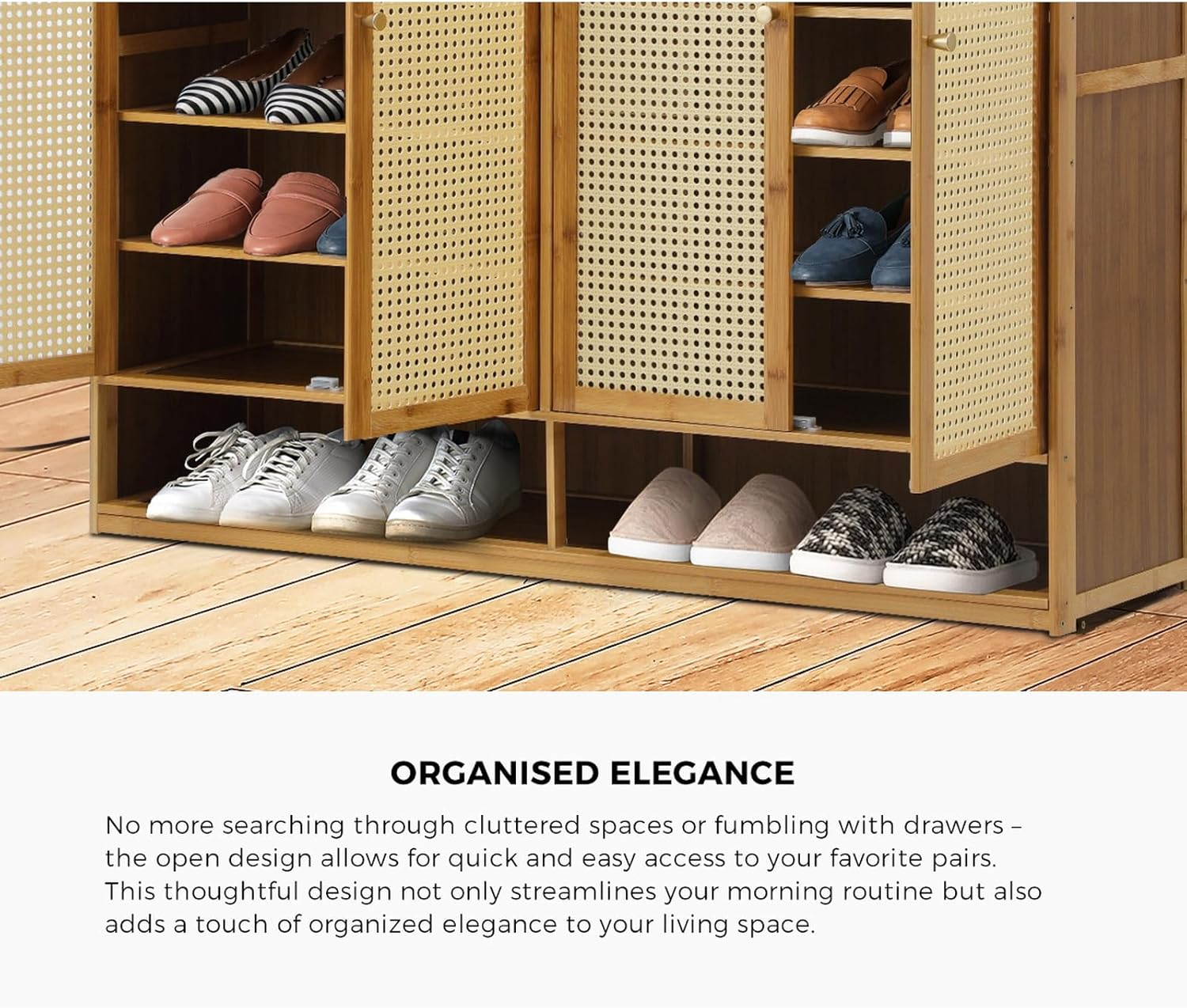 Oikiture Shoe Storage Cabinet with Rattan Door and 6 Tier Shelves Shoe Rack Storage Hallway Wooden image number 6