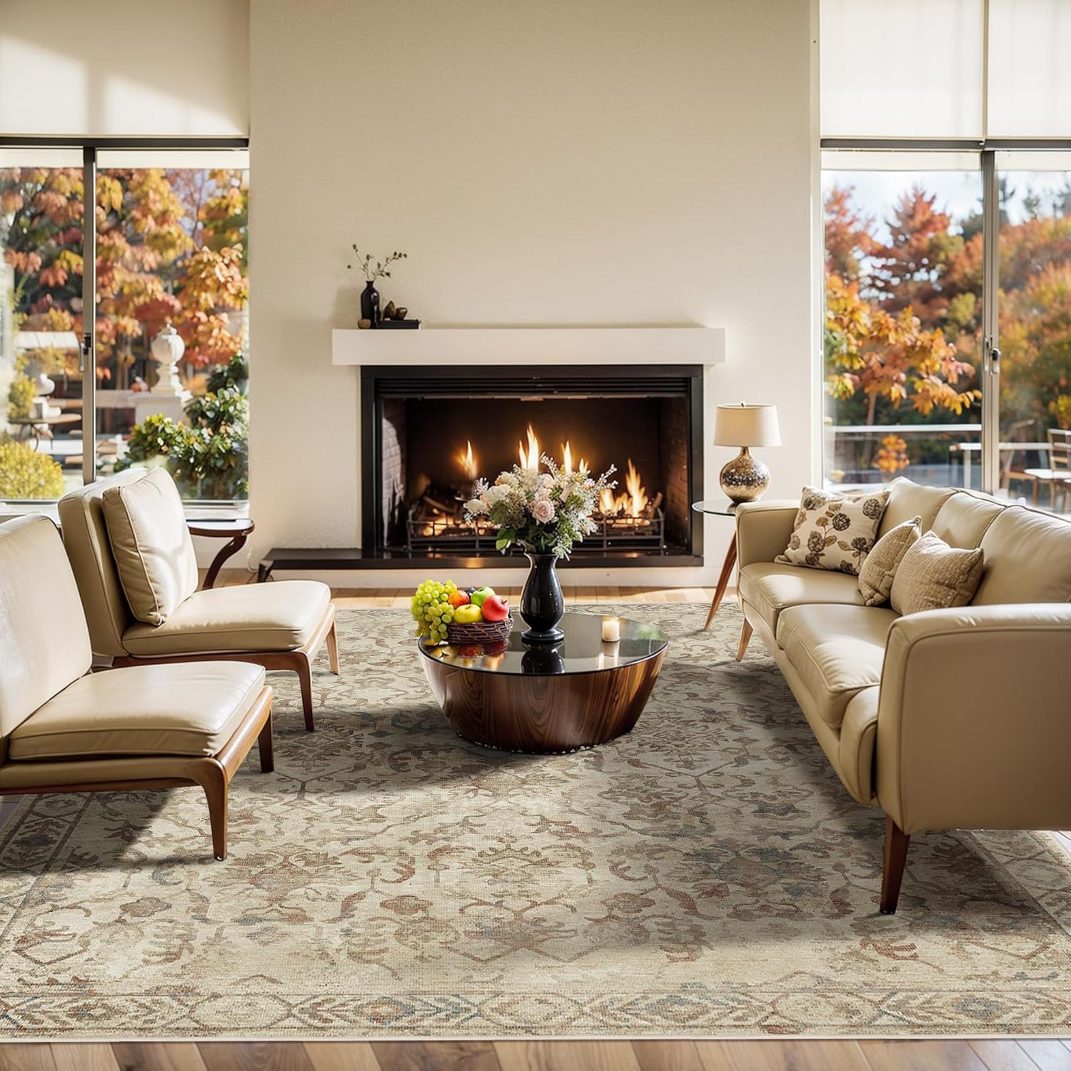 YOUZI Large Vintage Rugs for Living Room, Soft Low Pile Floral Area Rug Washable Non-Slip Boho Oriental Floor Rugs for Bedroom Kitchen Office Dining Room (Lightgreen, 200X300Cm)