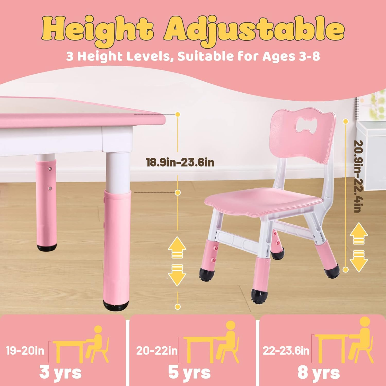 FUNLIO Kids Table and 2 Chairs Set, Height Adjustable Toddler Table and Chair Set for Ages 3-8, Easy to Wipe Arts & Crafts Table, for Classrooms/Daycares/Homes, CPC & CE Approved (3Pcs Set) - Pink image number 2