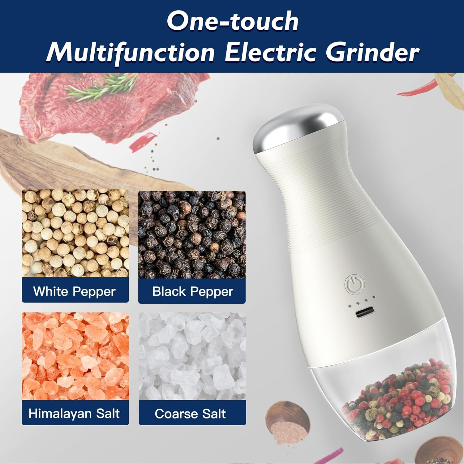 Gravity Electric Salt and Pepper Grinder Set, Adjustable Coarseness Rechargeable Automatic Pepper and Salt Mills One Handed Operation 2Pcs,White image number 4