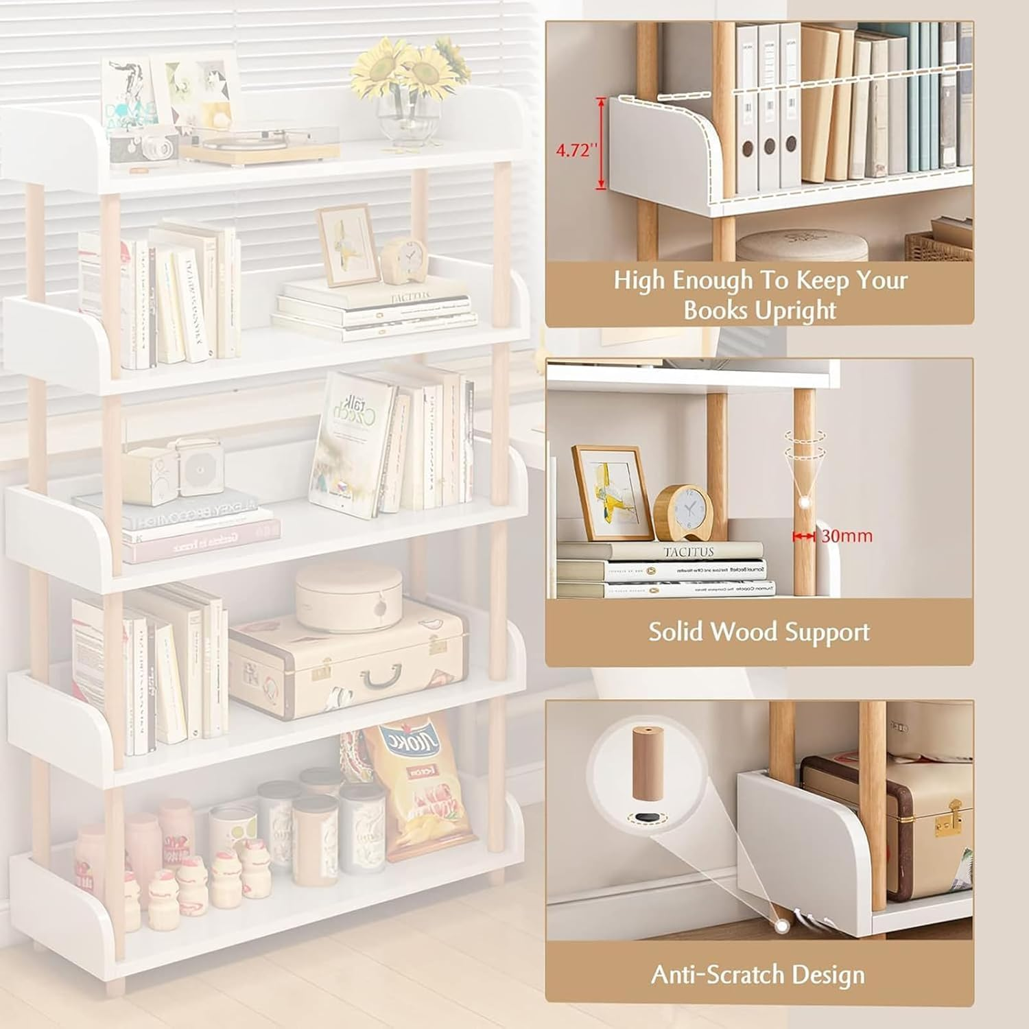 4-Tier Wooden Open Bookcase, Modern Freestanding Bookshelf Organizer with Side Panels, Wood Storage Shelves Display Stand Plant Rack for Home and Office, Storage Cabinet (4-Tier White 60CM) - 4-Tier White 60Cm image number 6