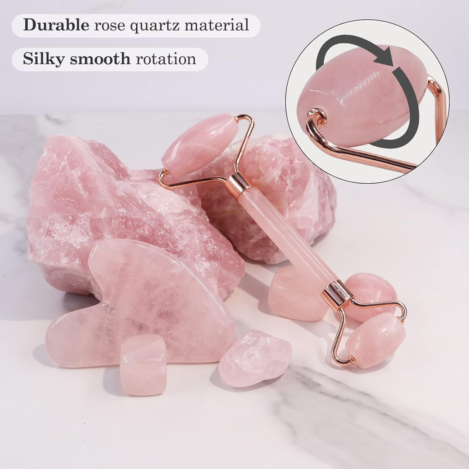 Jade Roller and Gua Sha Stone Massage Tool Set, Natural Rose Quartz Jade Face Roller Stone image number 1