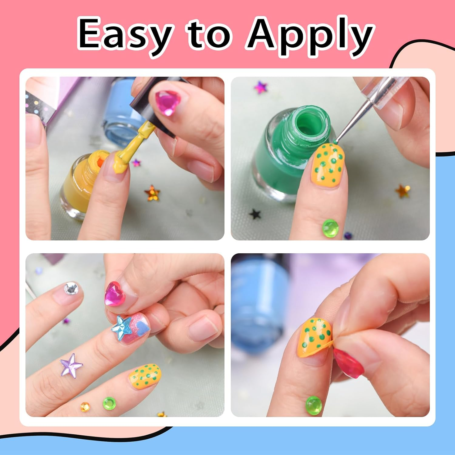 Kids Nail Polish - Quick Dry Mini Nail Polish Set for Girls with Gems Stickers