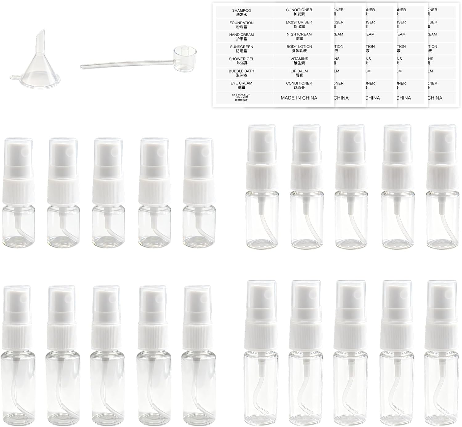 Ozessence 27 Pcs Spray Bottle Set, 5/10/15/20Ml Refillable Travel Perfume Atomiser (5 Each) with Fine Mist Nozzle Labels & Funnel, Leakproof Mini Spray Bottles for Cosmetics Hair Care Toiletries image number 6