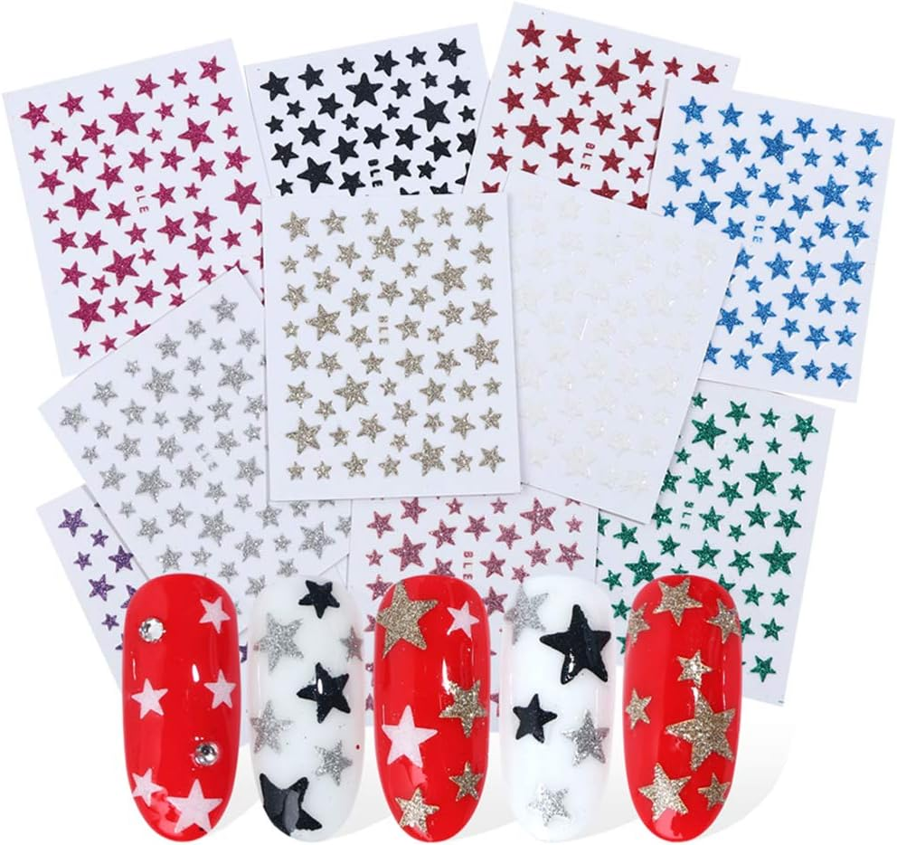 Kalolary 10Pcs Star Nail Art Sticker Decals, 3D Self-Adhesive Glitter Star Nail Sticker Nail Slider Stars Stickers Glitter Shiny Nail Sticker DIY Colorful Nail Art Tips Manicure Decoration image number 3