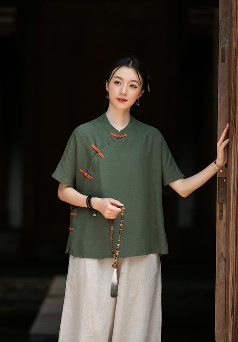 Women'S Chinese Linen Top Tang Style Half Sleeve Shirt Frog Button Blouse