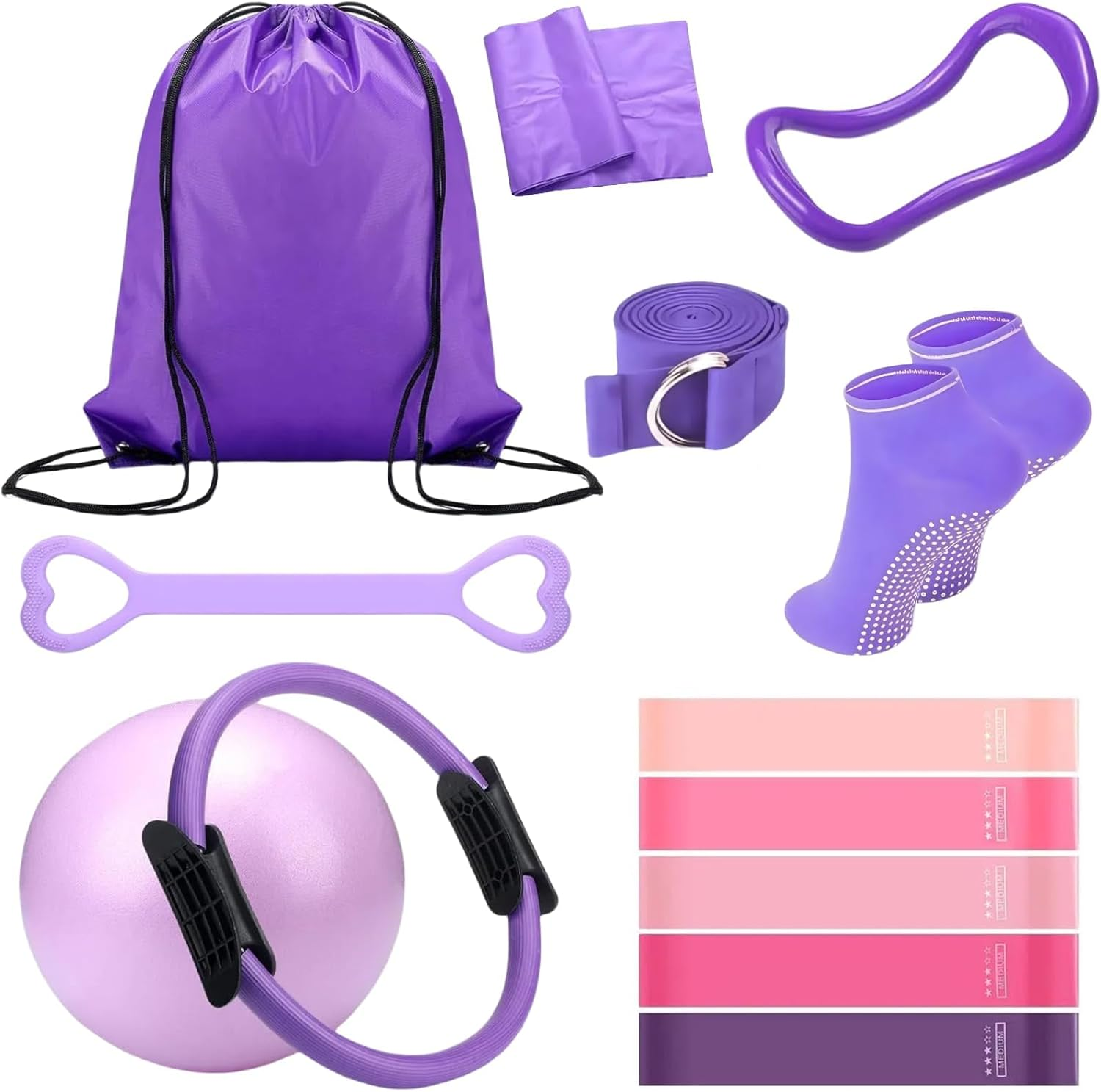 Pilates Essentials Kit for Women, 13 Piece Home Pilates Equipment Set with Ring, Bands & Yoga Ball, Beginner Friendly Home Workouts, Yoga Mat Accessories for Fitness & Stretching