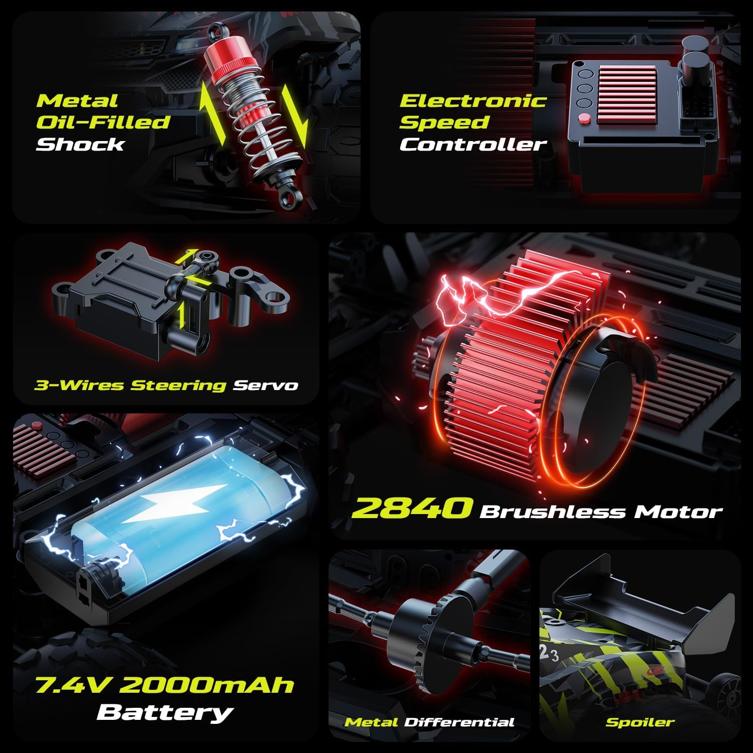 DEERC 1:14 Brushless RC Car for Adults, 43MPH 4WD Off-Road RC Truck with 7-Color LED Lights, Metal Oil Shocks, 2&times;7.4V High-Capacity Batteries, All-Metal Drivetrain, 3 Light Modes, 3S Lipo Compatible image number 6