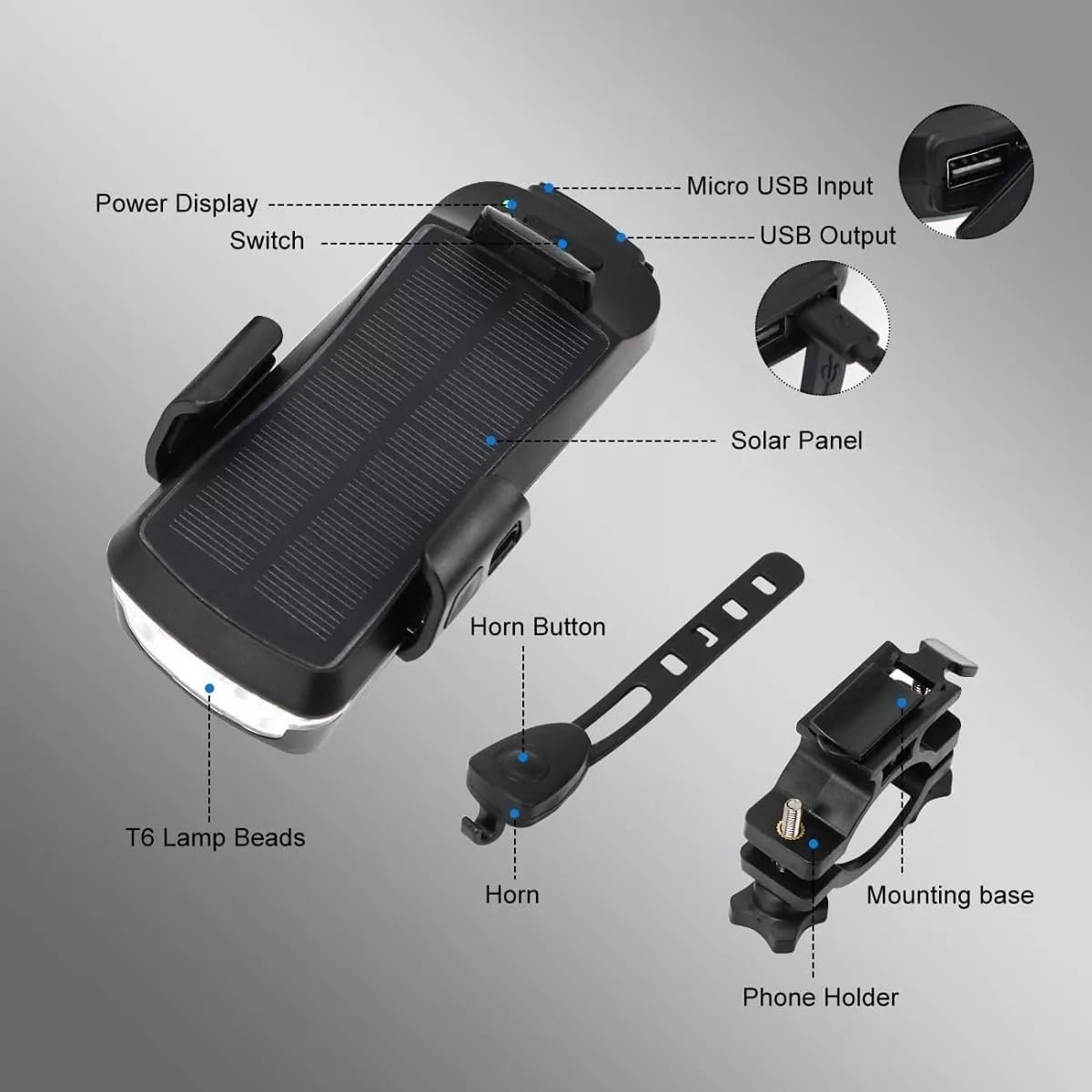 Bike Light, Bike Accessories, Set for Bike Light+ Bike Back Light + Phone Holder + High Decibel Speaker + Charging Cable ， Ipx6 4000Mah ，Black image number 2