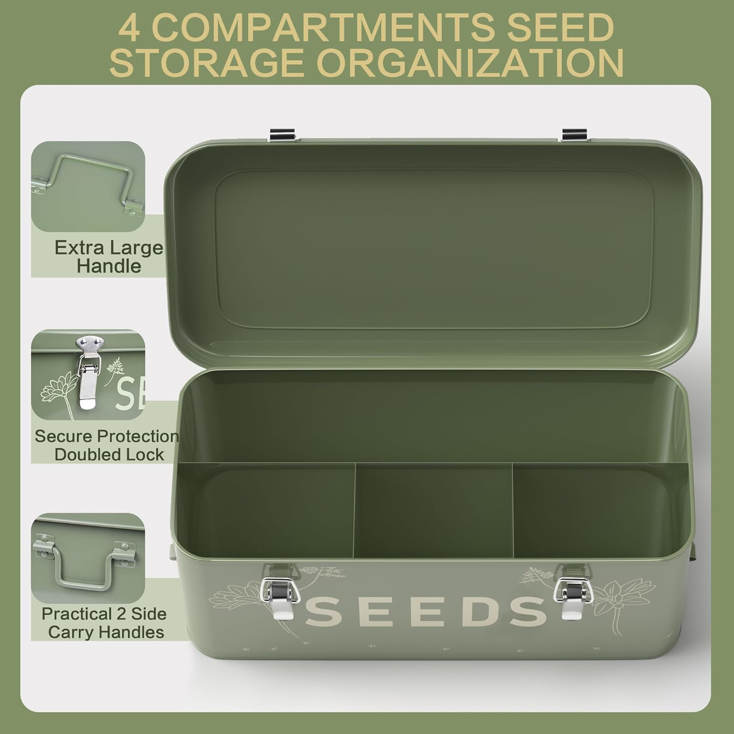 Orionstar Seed Storage Organizer, Metal Seed Saving Box with Lid, Seed Bin with 30 Plant Labels 30 Seed Envelopes 1 Marker Pens, 4 Compartments Box with Safety Locks, Blackish Green image number 2