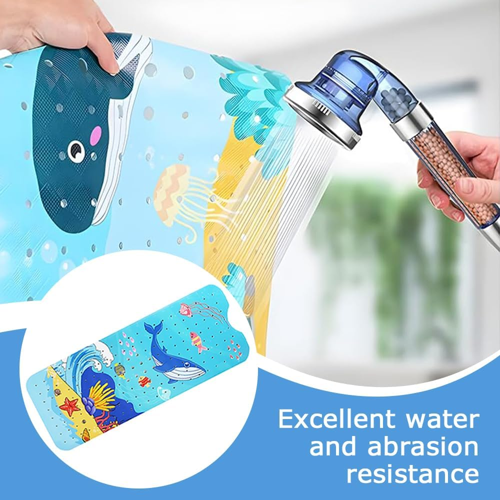 Bath Mat, Cartoon Non-Slip Bathtub Mat with Suction Cup Drain Holes, Bath Shower Mat Massage Mat Floor Tub Mats Machine Washable for Bathroom 100X40Cm(Blue Whale)