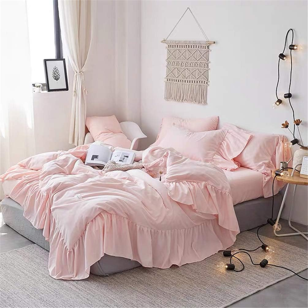 IHOUSTRIY Ruffle Duvet Cover Queen Size,100% Washed Microfiber 3Pcs Bedding Duvet Cover Set, Shabby Chic Farmhouse Duvet Cover and Pillow Shams, Zipper Closure & Corner Ties, Easy Care (Pink, Queen) image number 6