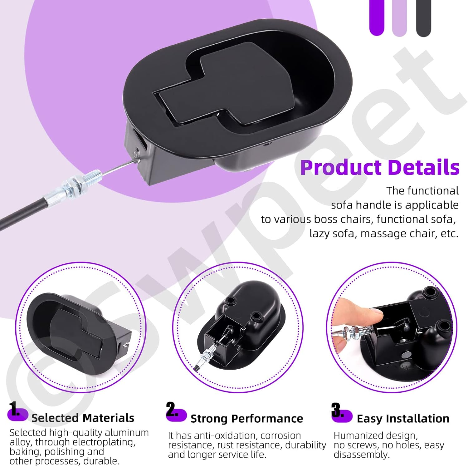 Swpeet 4Pcs Metal Recliner Handle Replacement Parts with Cable, Universal Sofa Chair Recliner Release Pull Handle Replacement Parts with Retaining Clips and Recliner Pull Cable for Furniture Sofa image number 5