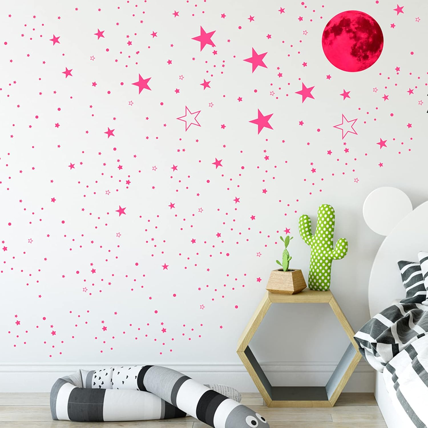 Glow in the Dark Stickers, 435Pcs Self Adhesive Luminous Moon Stars Wall Stickers, PVC Decorative Nursery Wall Stickers for Girls Boys Bedroom (Pink) image number 3