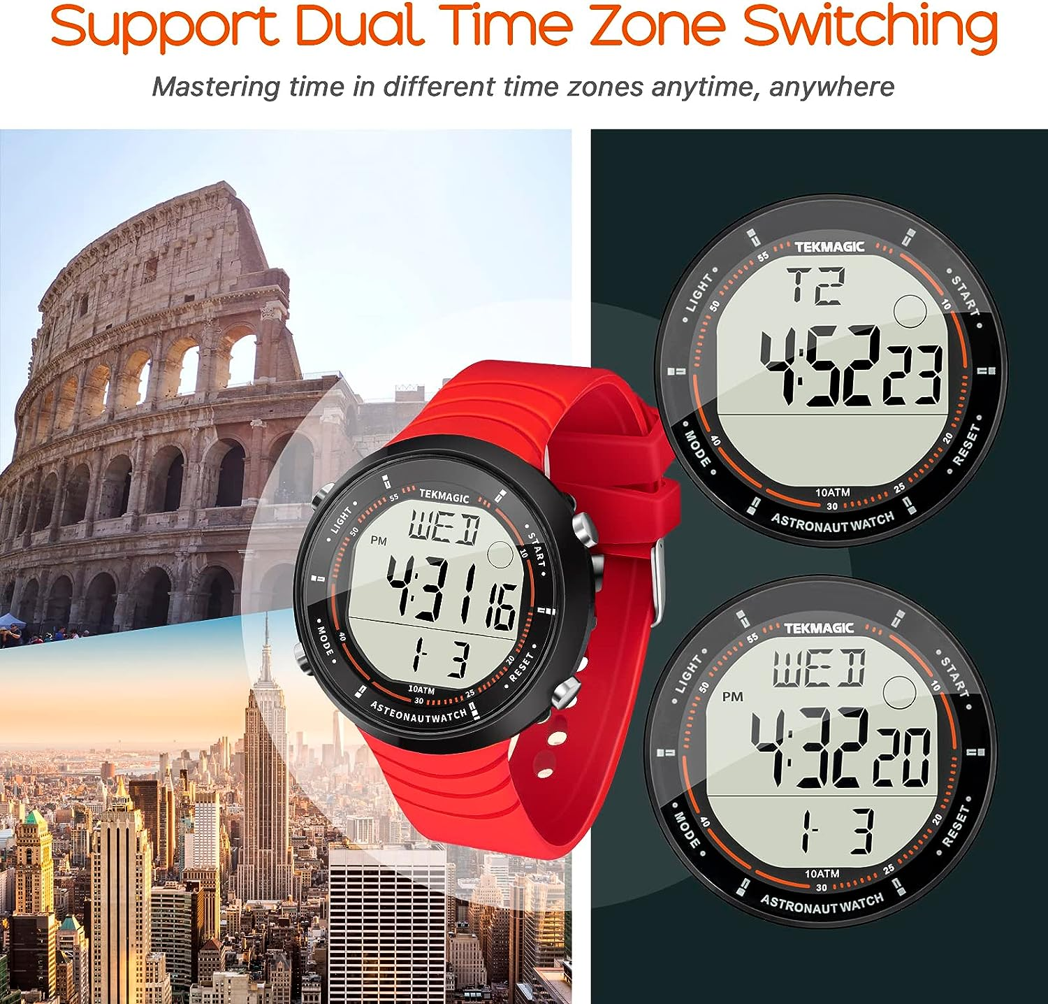 10 ATM Waterproof Sports Watch for Swimming and Diving, with Functions of Chronograph, Timer, Dual Time, Alarm Clock, 12 and 24 Hour Format Switchable image number 1