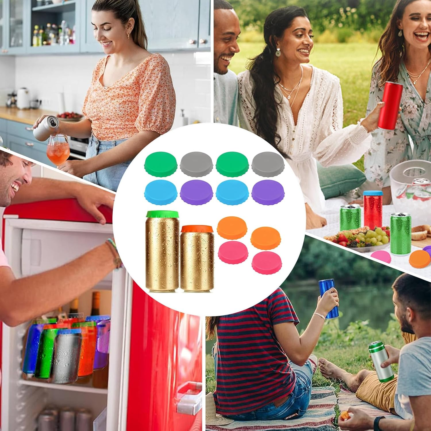 12 PCS Silicone Beverage Can Lids, 6 Colors Reusable Can Covers, Leak-Proof & Dust-Resistant Can Covers, Keep Carbonation Freshness Fizz - Assorted, Soda Pop Top Can Lids for Beer Soda Beverages (12)