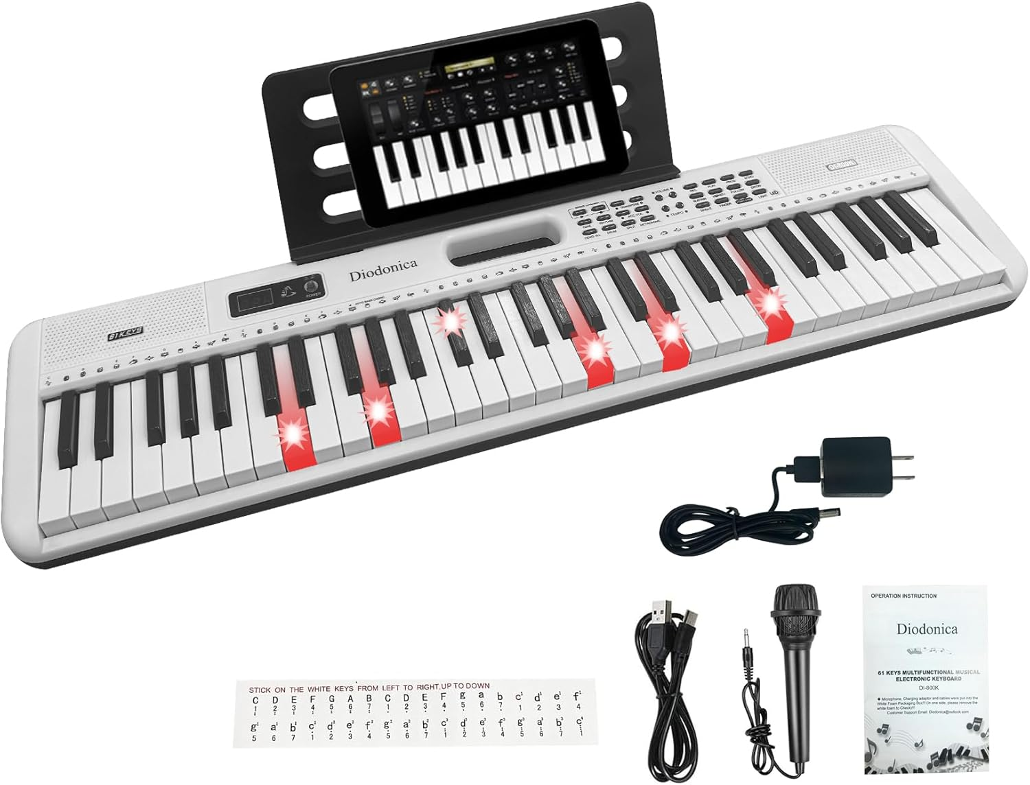 Diodonica 61-Key Light-Up Keyboard Piano for Kids & Beginners with Stand, Stool & Microphone &ndash; Portable Electric Piano with 60 Demo Songs, 200 Rhyhms,200 Tones, Key Stickers (Black)