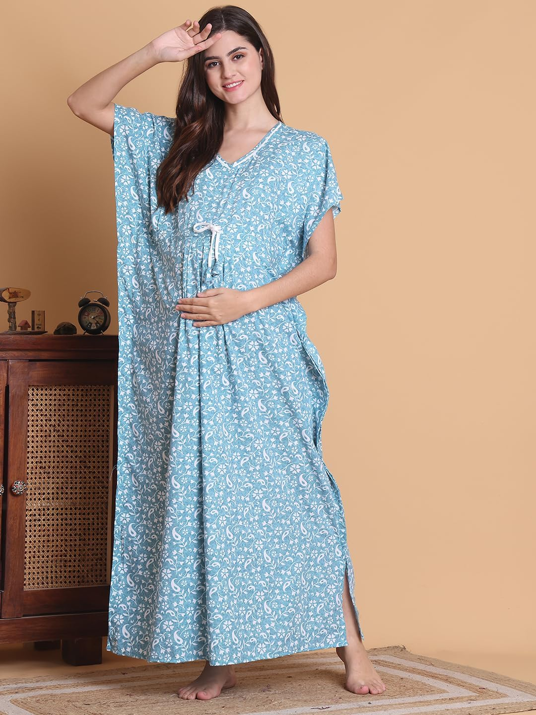 Secret Wish Floral Cotton Blend Full Length Maternity Kaftan