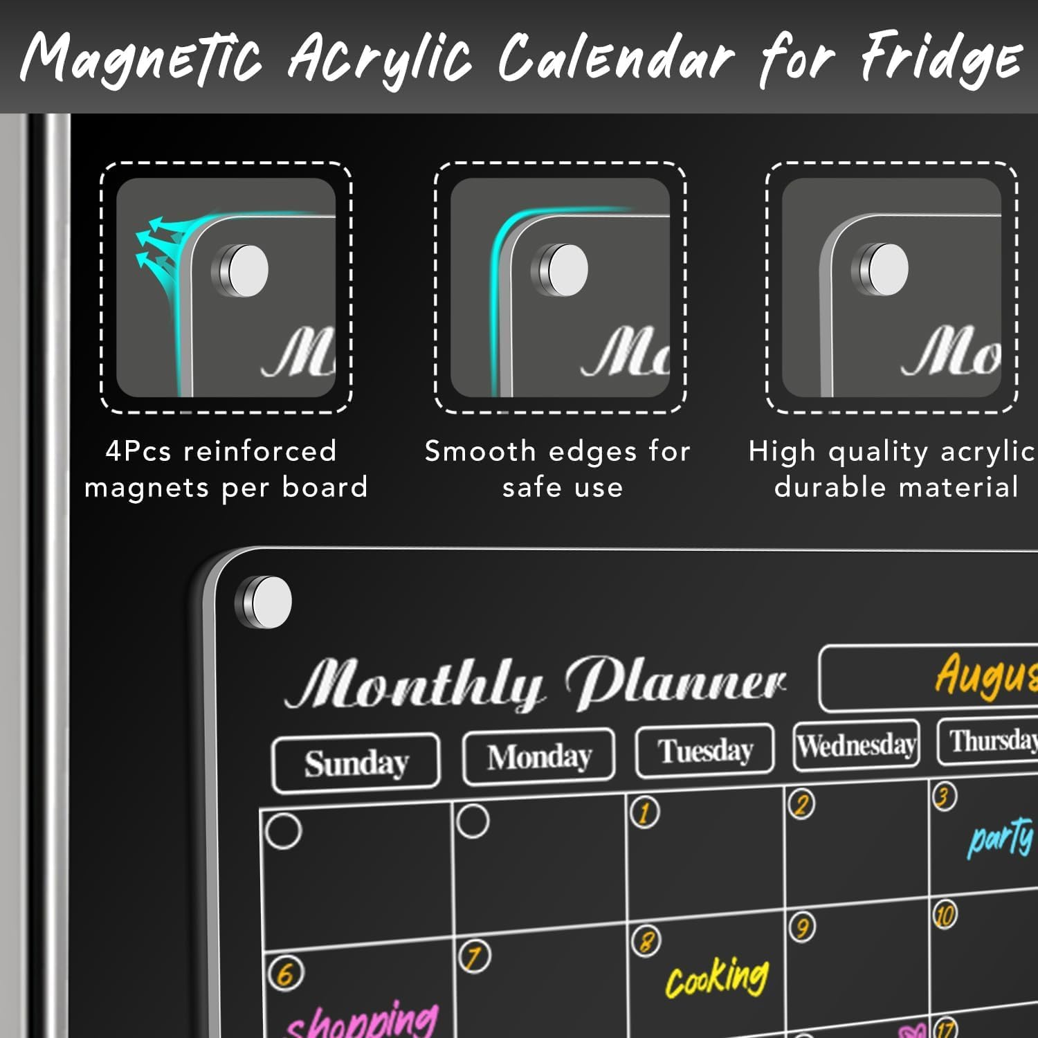 4Pcs Fridge Calendars Planning Pads, Acrylic Magnetic Fridge Calendar, Clear Fridge Monthly Weekly Planner, for Events/Business Meetings/Shopping Lists with 6 Color Markers & Wipes - 40 X 30 Cm and 30 X 20 Cm