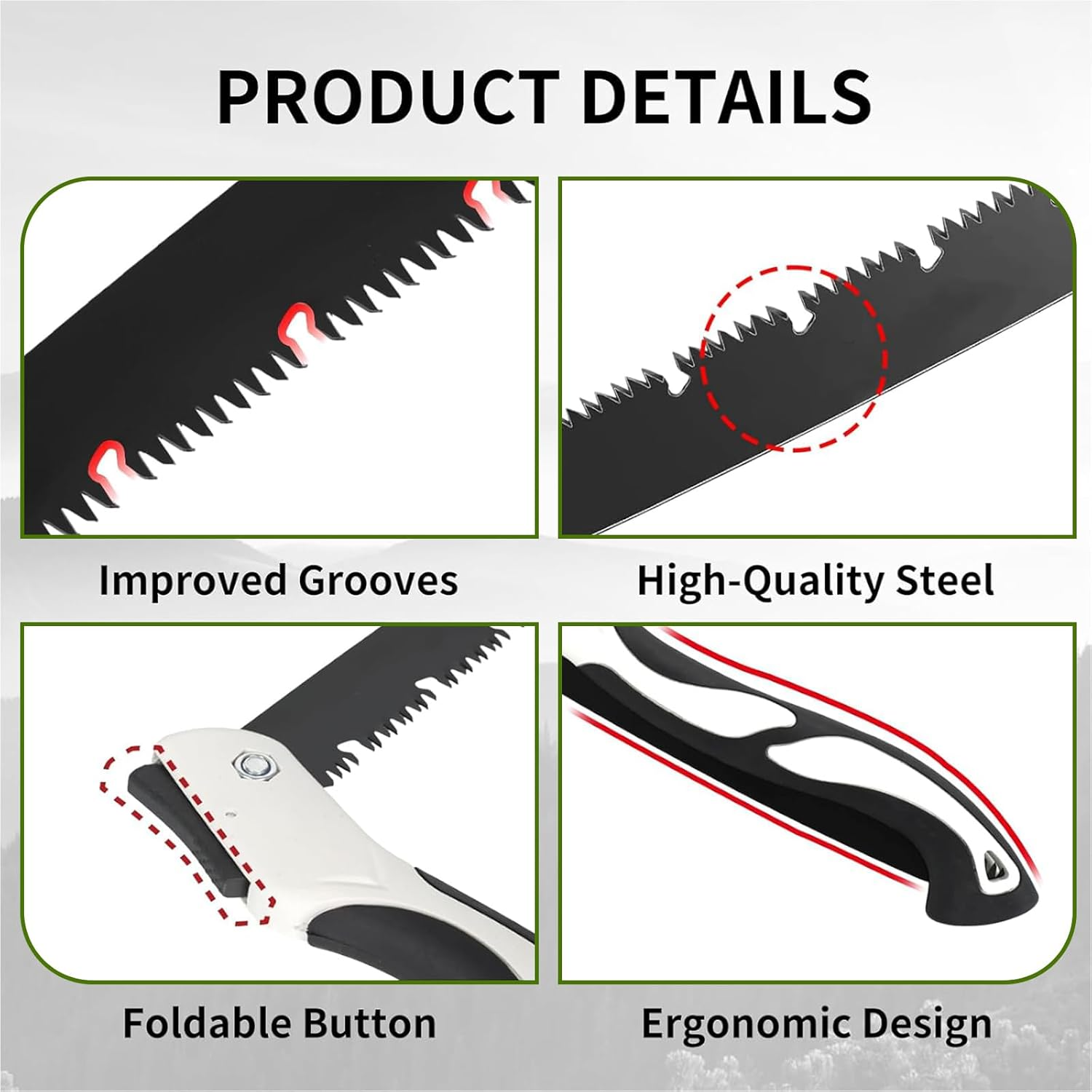 Folding Pruning Saw, 12.2 IN/31 CM Hand Folding Saw with 3 Replaceable Steel Blades for Tree Trimming, Wood Cutting, Camping, Gardening & Outdoor Activities image number 3