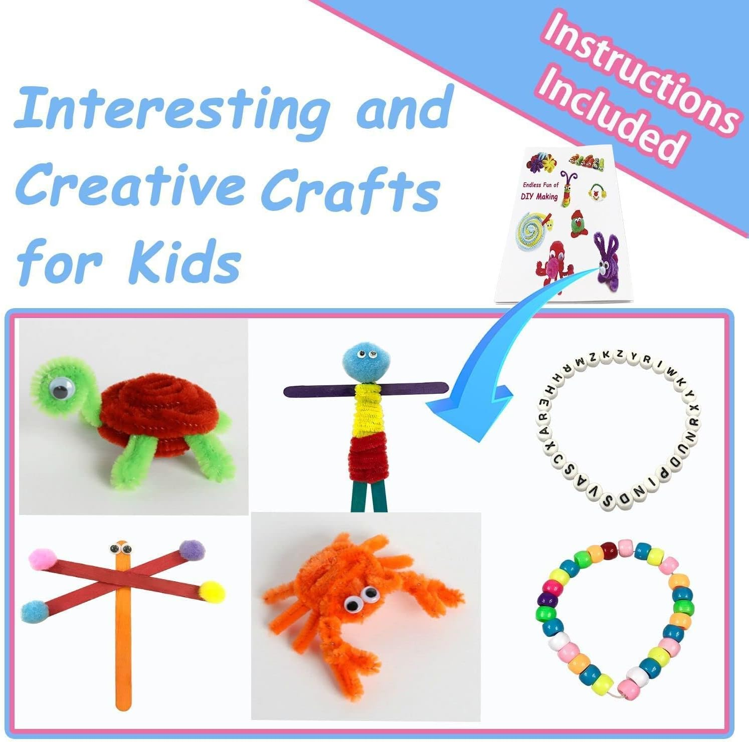 2000Pcs Arts and Crafts Supplies for Kids 6+ &ndash; DIY Projects Case Filled with Pom Pom Box Craft Kit Library, Beads, Buttons, Scissors, and Pipe Cleaners with Easy Instructions image number 5