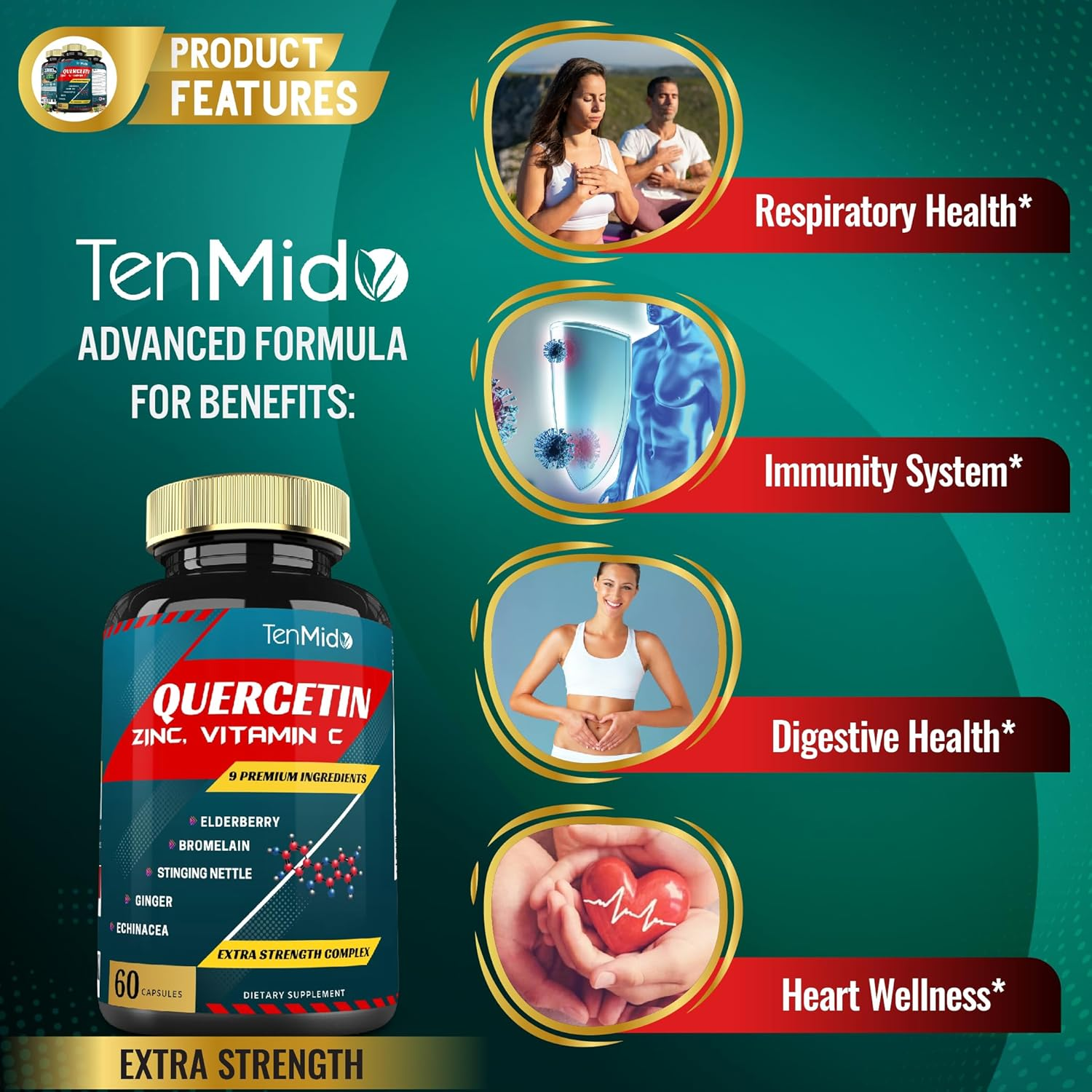 Quercetin Extract Capsules with Vit C, Elderberry, Bromelain, Ginger, Echinacea, Pepper - 60 Capsules, 2 Months Supply image number 2