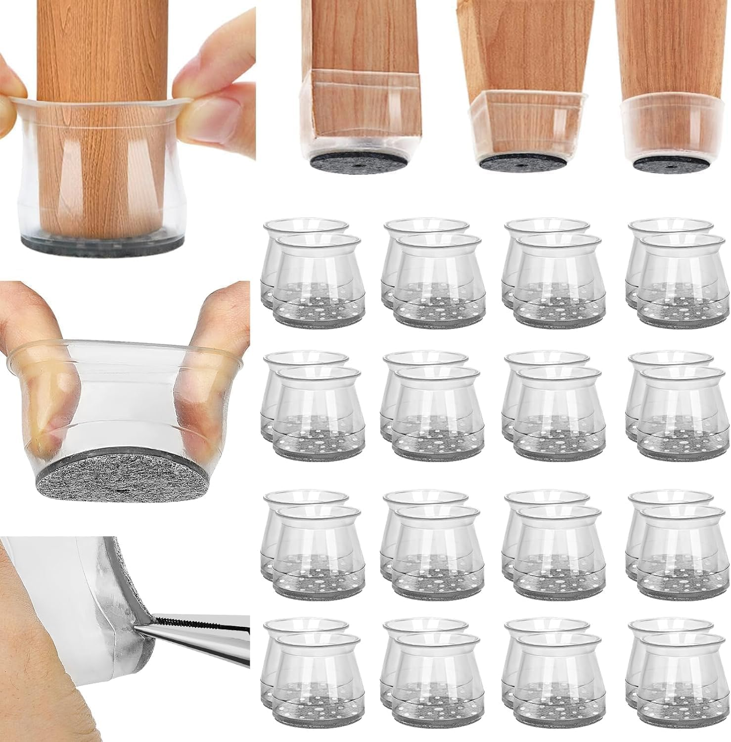 Chair Leg Floor Protectors Covers - 24Pcs Silicone Felt Bottom Furniture Legs Cover for Hardwood Floors Bar Stool Feet Caps round Clear Table Chairs Leg Floor Protectors Protect (Small) image number 1