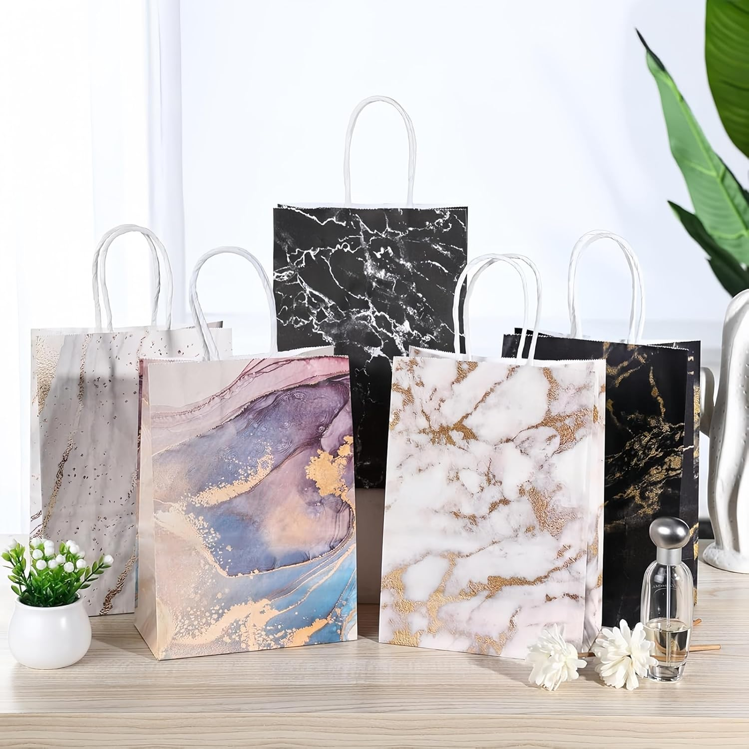 Kraft Paper Gift Bags with Handles, Pack of 10 Gift Bags, Kraft Paper Bags with Handle, Multiple Colours, Party Bag Set, Suitable for Wedding, Birthday, Party Accessories and Gifts - Dinosaur Five Colors image number 5