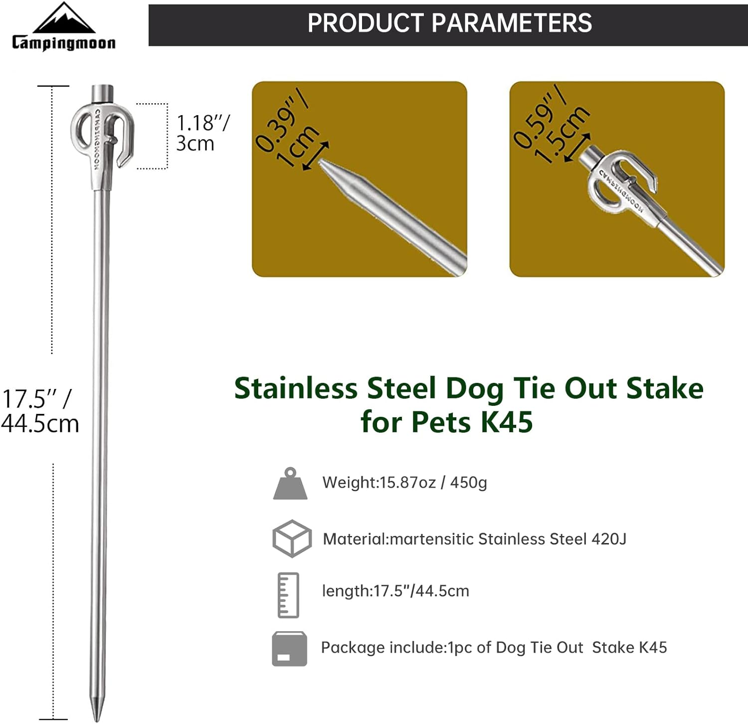 Campingmoon Dog Tie Out Stake 360&deg; Swivel Heavy Duty Strongest Dog Anchor Spike for Tie-Out Cable Chain in Yard or Camping