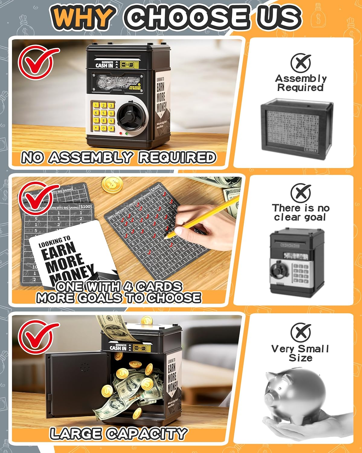 Piggy Bank for Kids Boys 5-13 with 4 Saving Record Cards, Kids Money Safe Banks for Real Money with 4-Digit Password, Electronic Piggy Bank Toys for Boys Girls with Atm-Style Cash Slot, Black - Blue image number 3