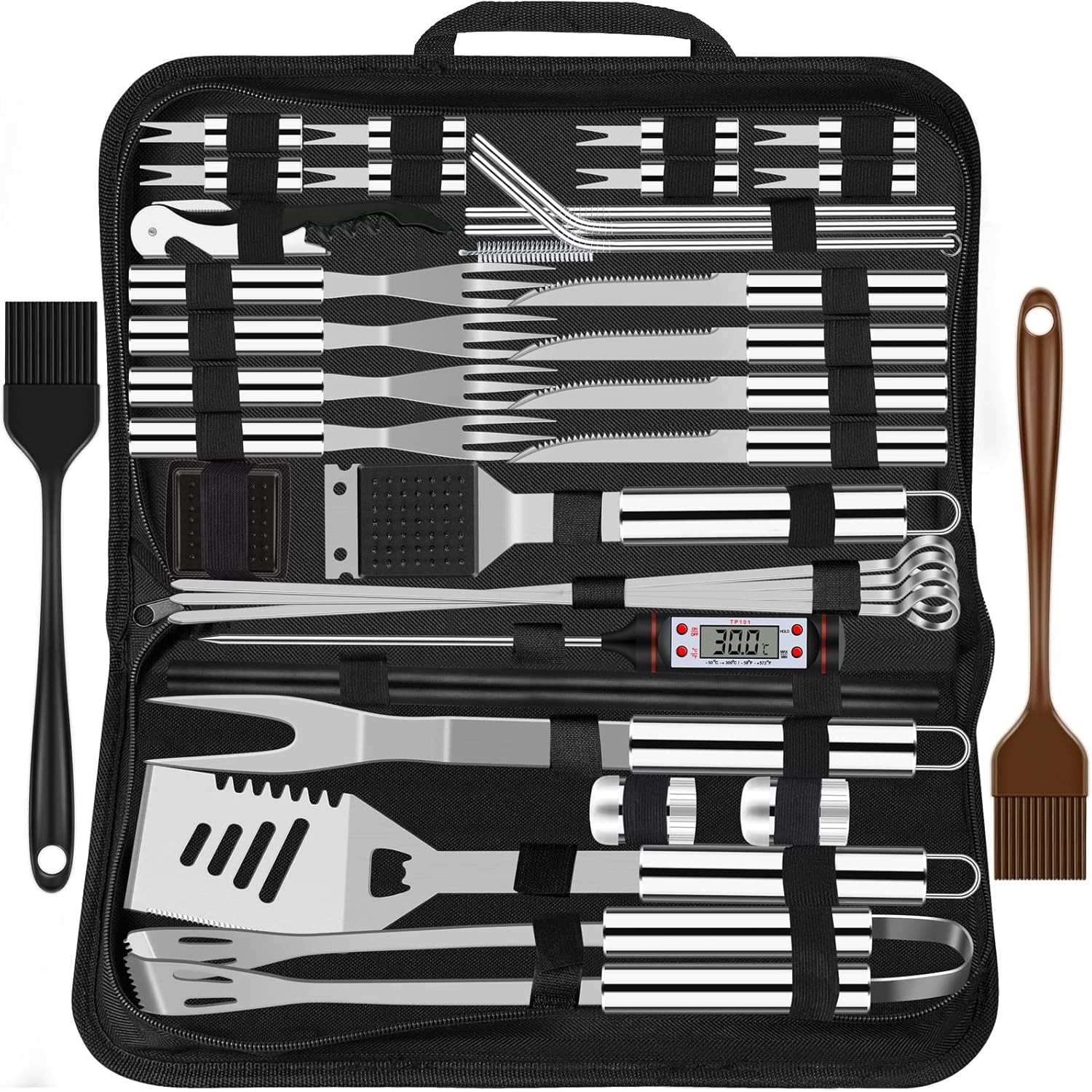 38-Piece BBQ Barbecue Cutlery Set Stainless Steel Barbecue Accessories for Men Gift Birthday High-Quality Barbecue Utensils Set Case with Grill Case and Grill Mat for Garden and Camping