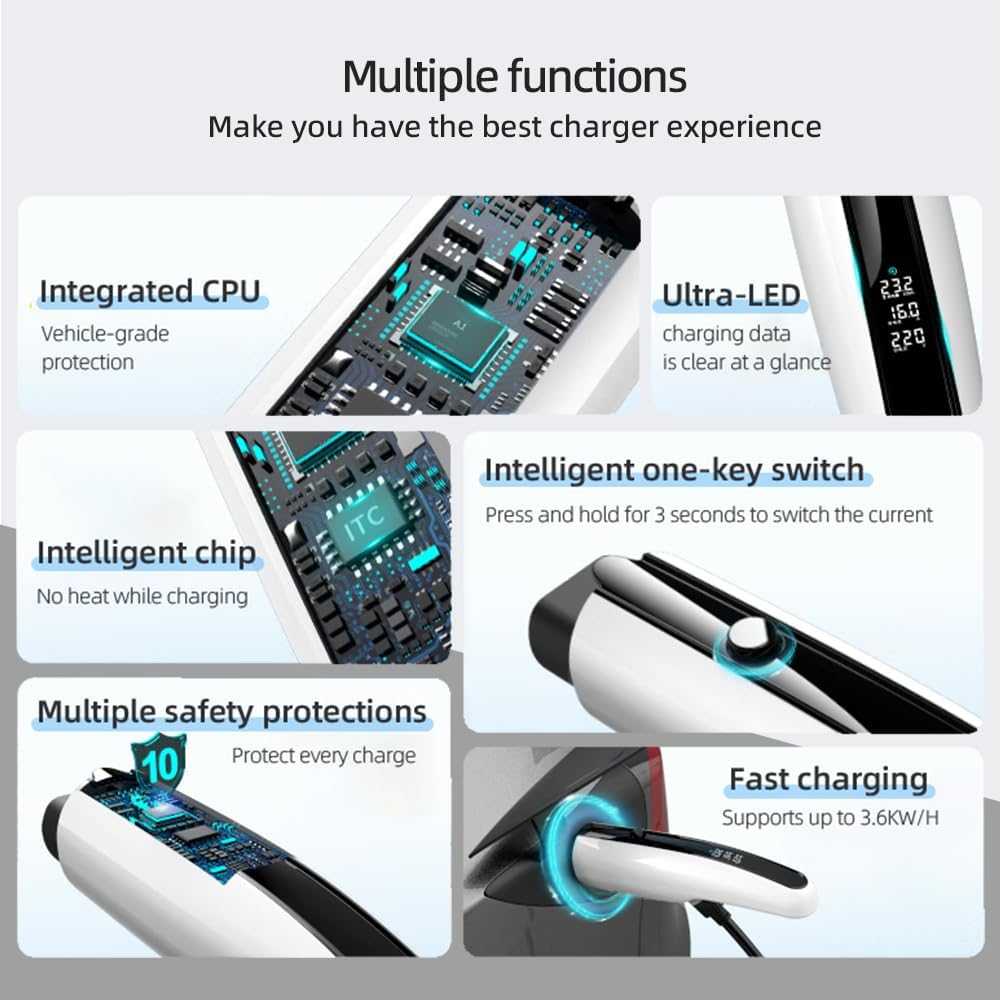 VINLEN Type 2 EV Charger - 3.5KW, 10M Cable, Adjustable Current (10A-15A), Compatible with Australian 10A & 15A Power Socket (Adapter Included), Compatible with Tesla, BYD, MG, Kia, Polestar & More image number 5