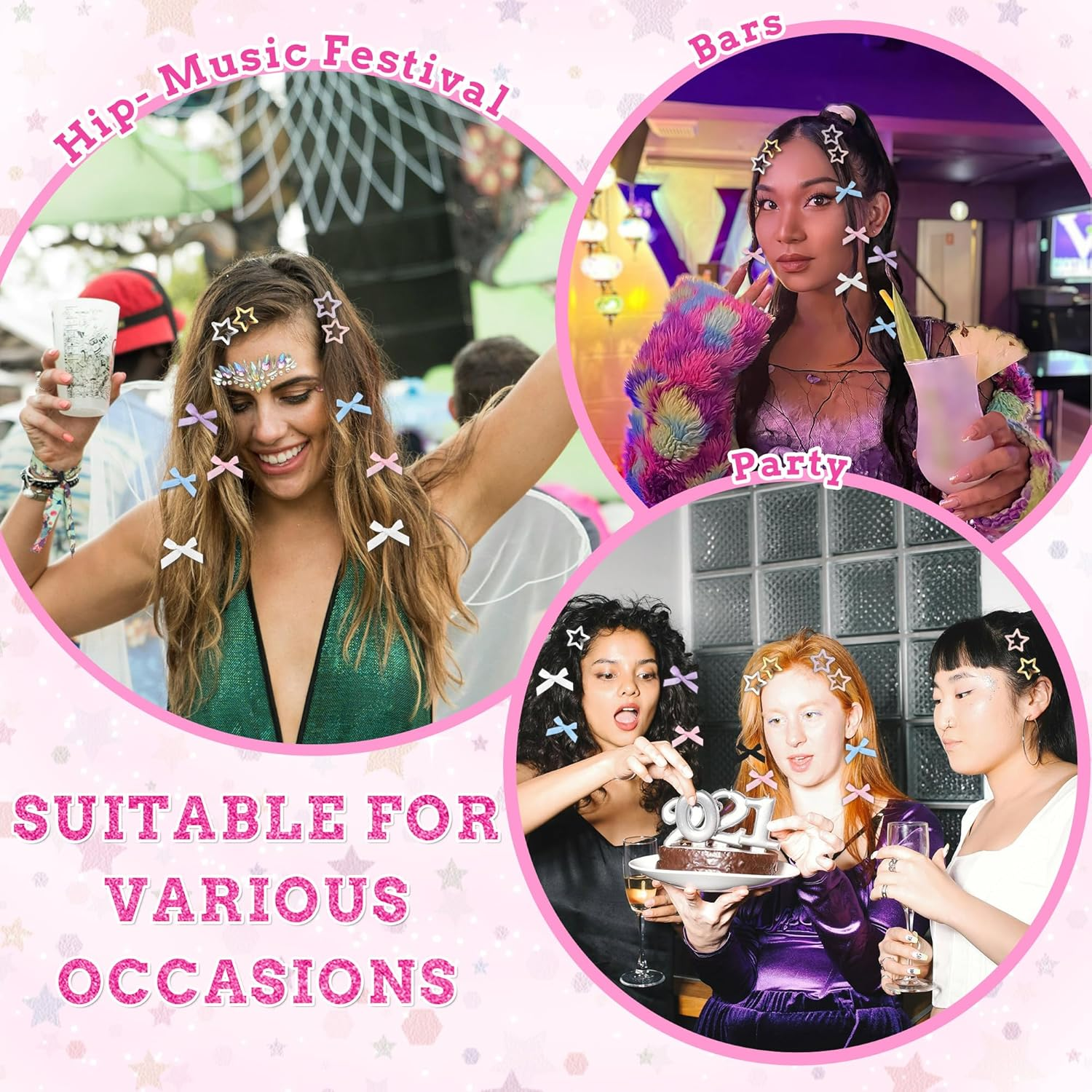 25 PCS Small Hair Bows, 30 PCS No Slip Star Hair Clips, Cute Bow Hair Clips for Women, Metal Star and Satin Bow Barrettes for Hair Decor (Colorful) image number 1