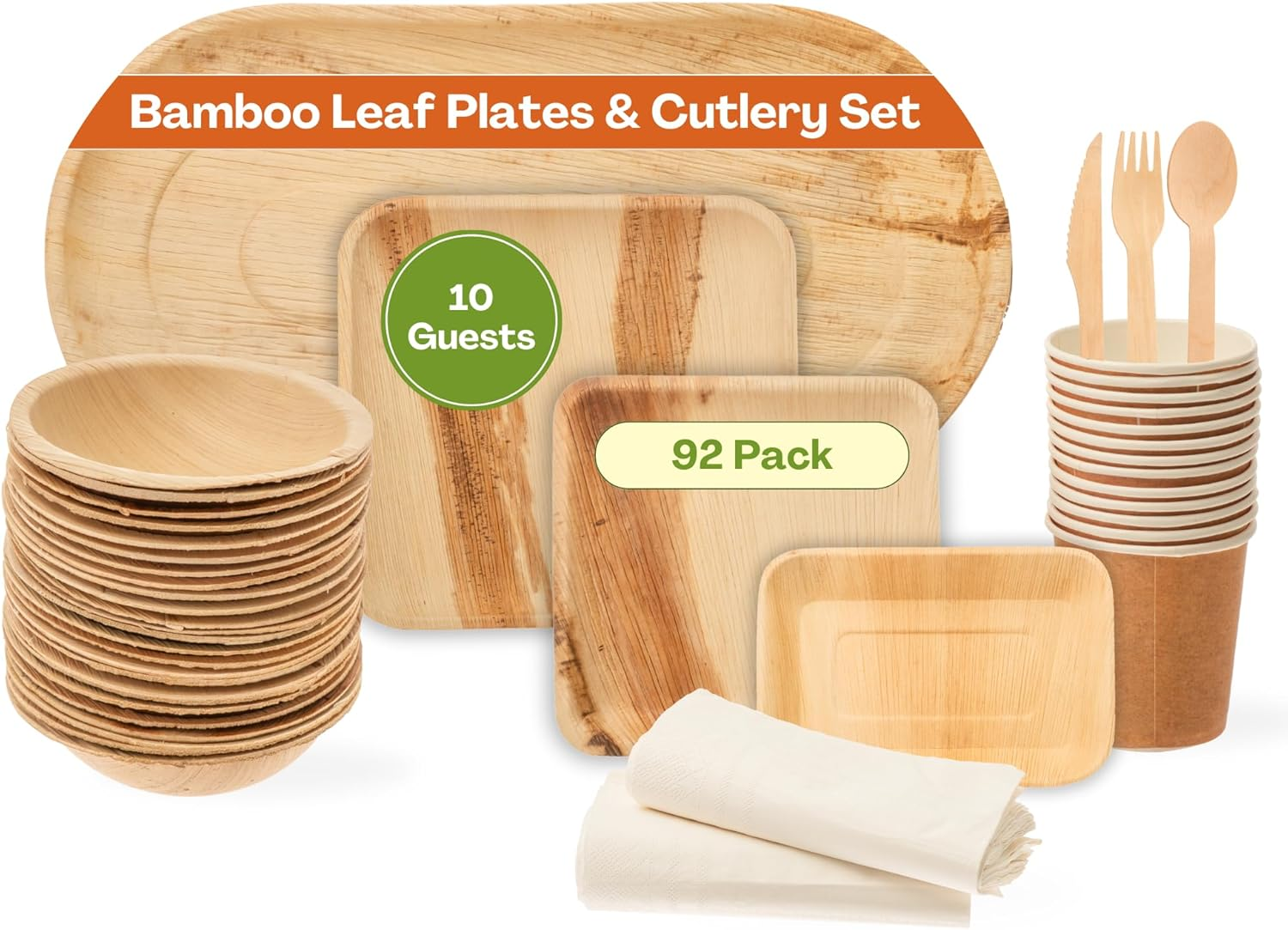 92-Piece Biodegradable Party Set for 10 Guest - Mother Nature'S Choice for Bamboo Plates and Cups | 100% Compostable Disposable Plates & Cutlery image number 4